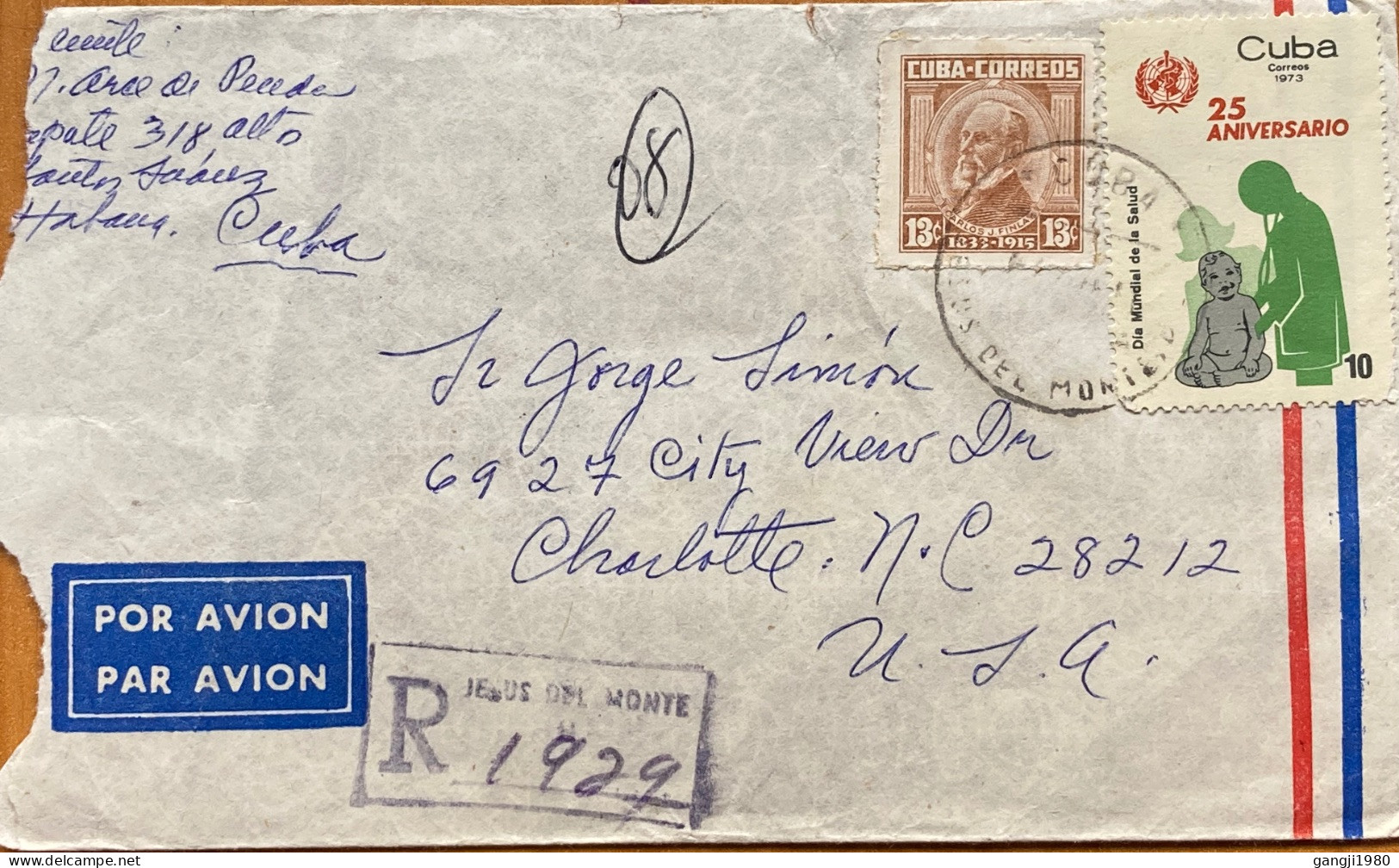 CUBA 1976 COVER USED TO USA,REGISTER DEL JEIUE MONTE MEDICA EXAMINATION & CANCEL CARLOS J. FINLA 2 STAMPS CHARLOTE CITY - Storia Postale