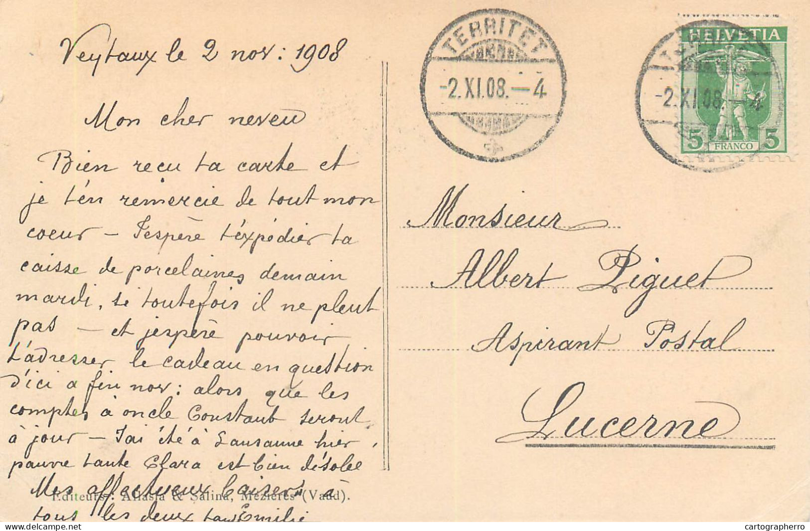 Suisse Mézières Eglise 1908 Correspondence Albert Piguet Territet - Jorat-Mézières