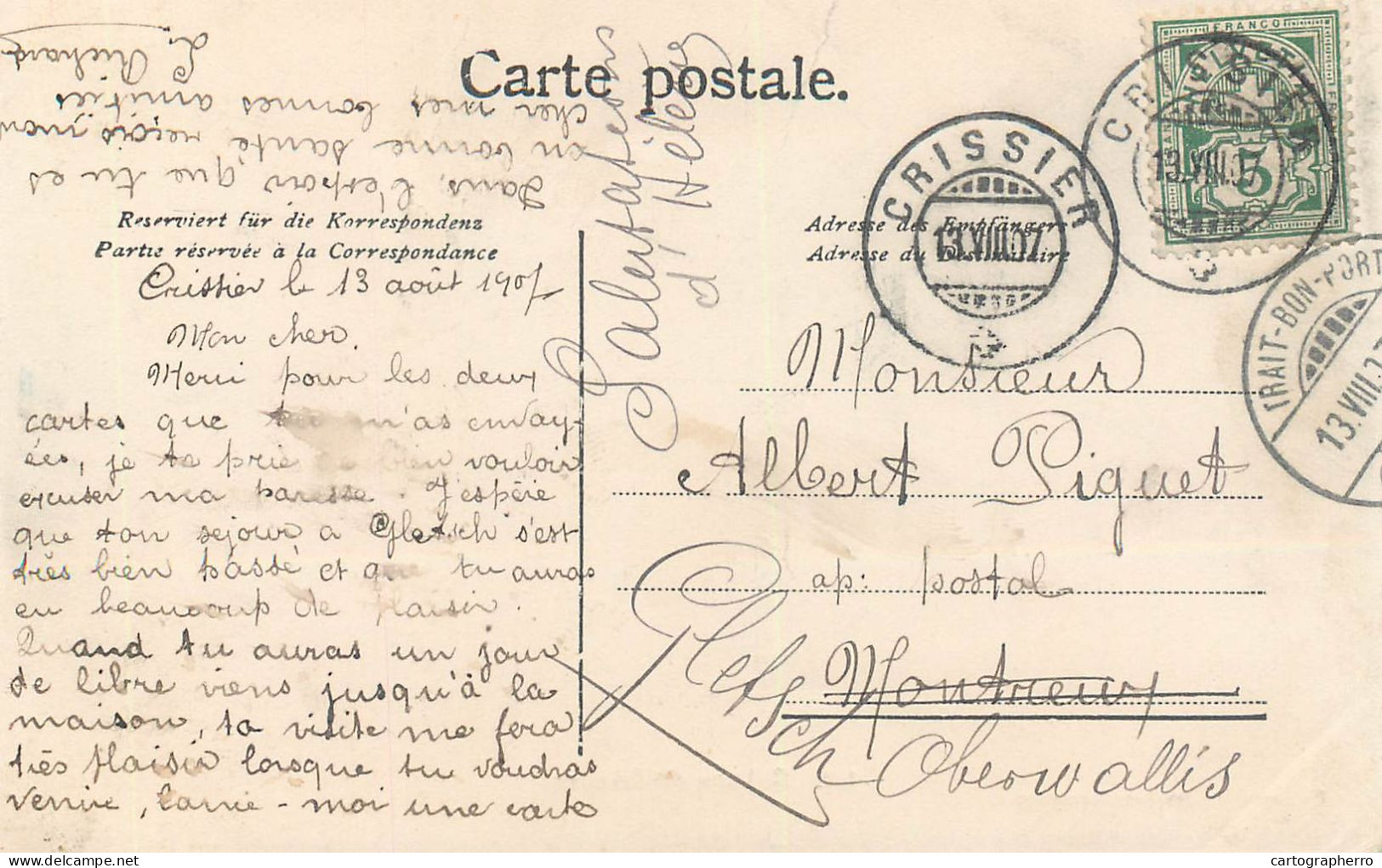 Suisse Chateau De Crissier 1900 Correspondence Albert Piguet  Montreux - Crissier