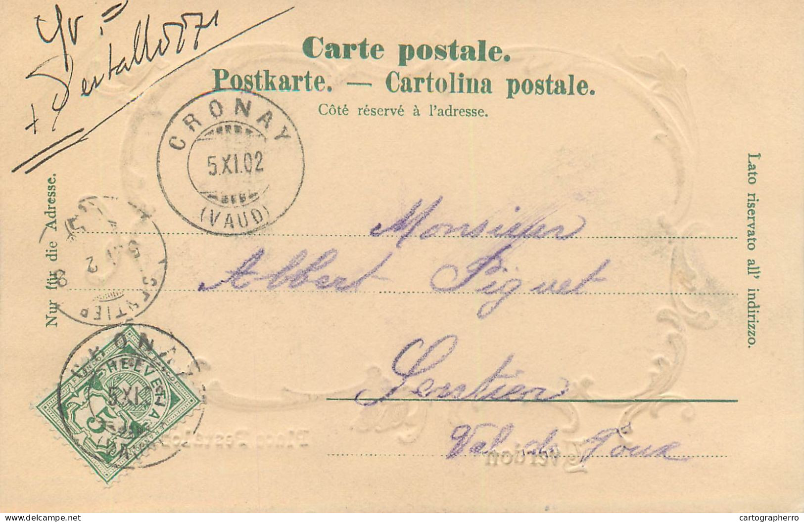 Switzerland Yverdon Place Postalozzi 1902 Correspondence Albert Piguet Cronay - Sentier - Cronay