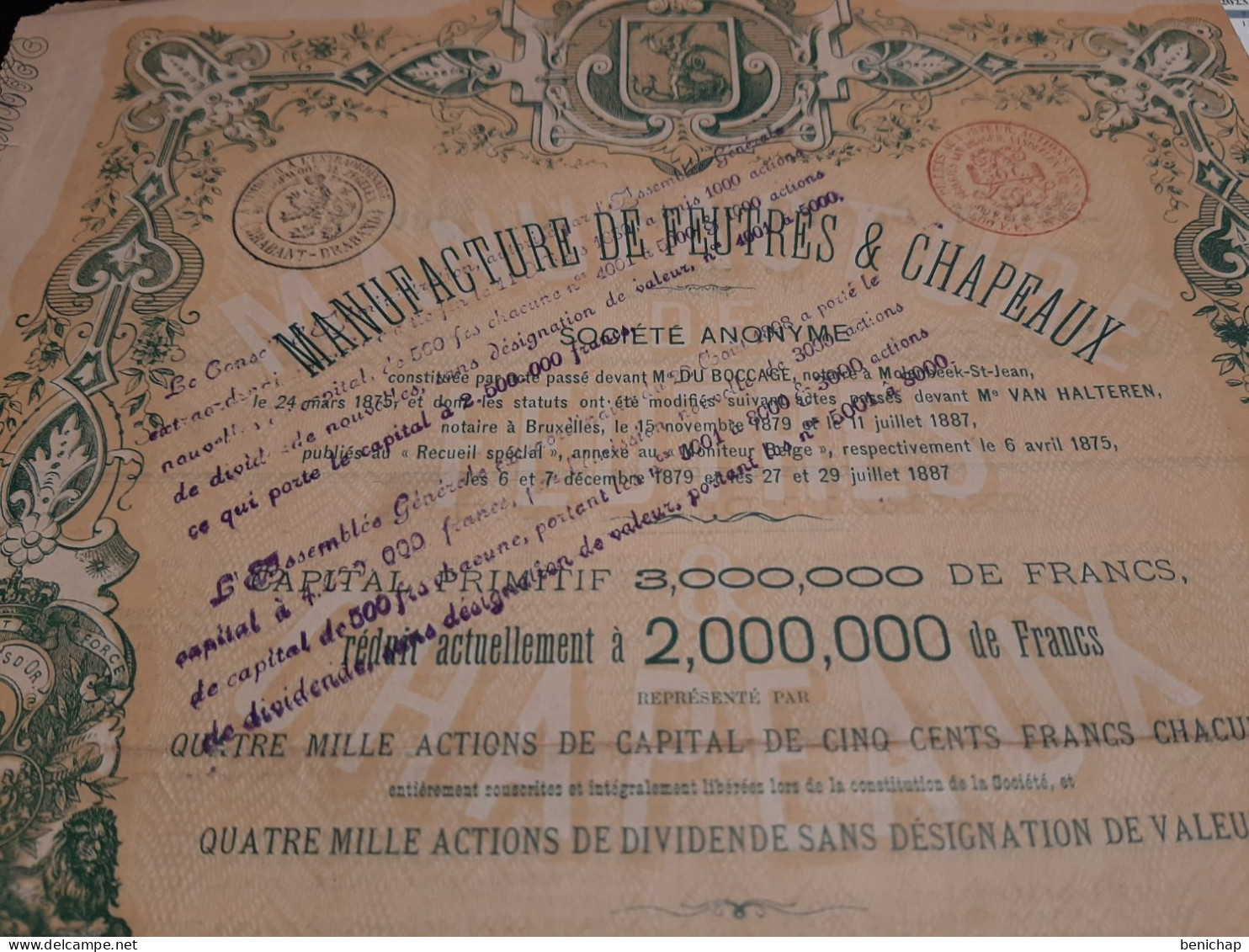 Manufacture De Feutre & Chapeaux - Action De Dividende Au Porteur - Bruxelles Août 1887. - Textiles