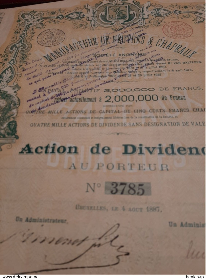 Manufacture De Feutre & Chapeaux - Action De Dividende Au Porteur - Bruxelles Août 1887. - Tessili