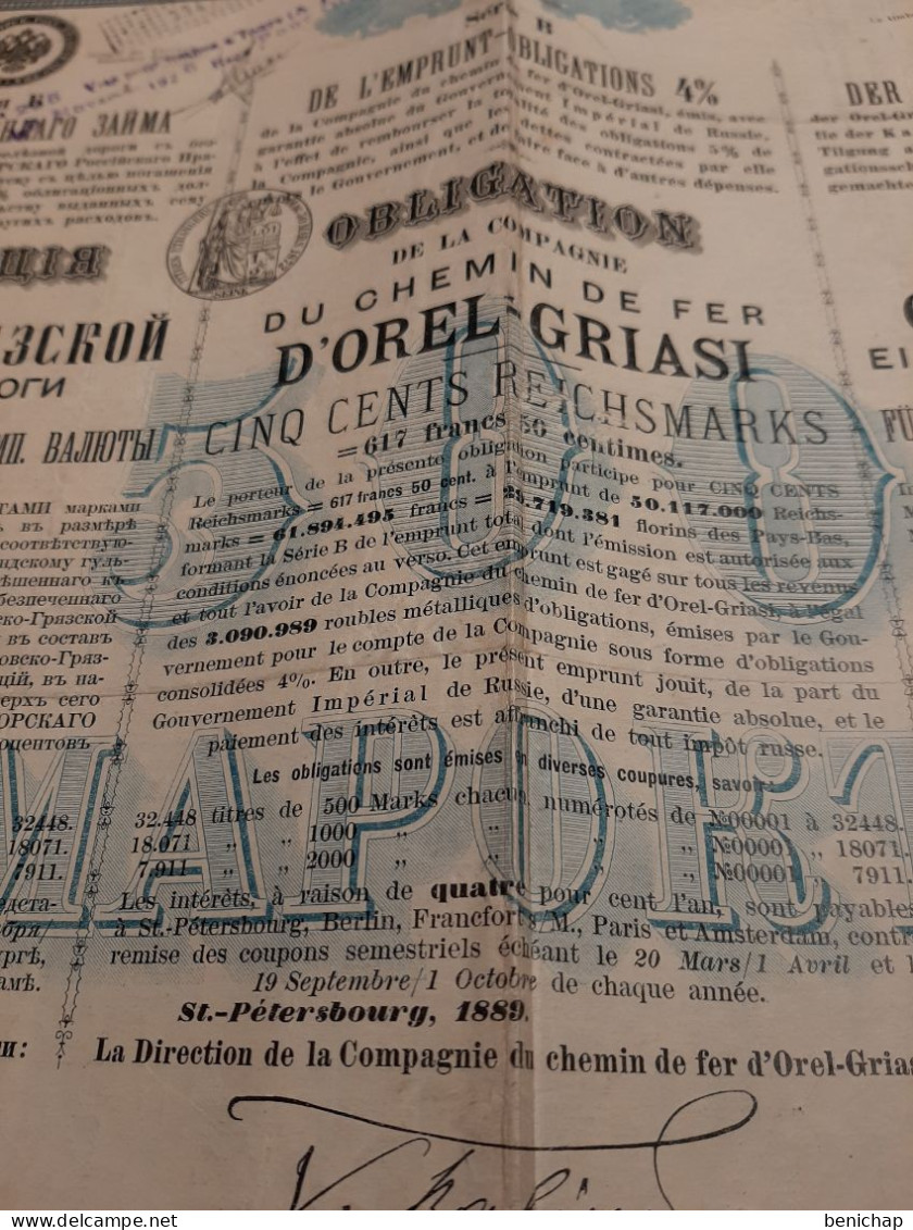 Obligation De La Compagnie Du Chemin De Fer D'Orel-Griasi - Russie - Saint-Pétersbourg 1889. - Spoorwegen En Trams