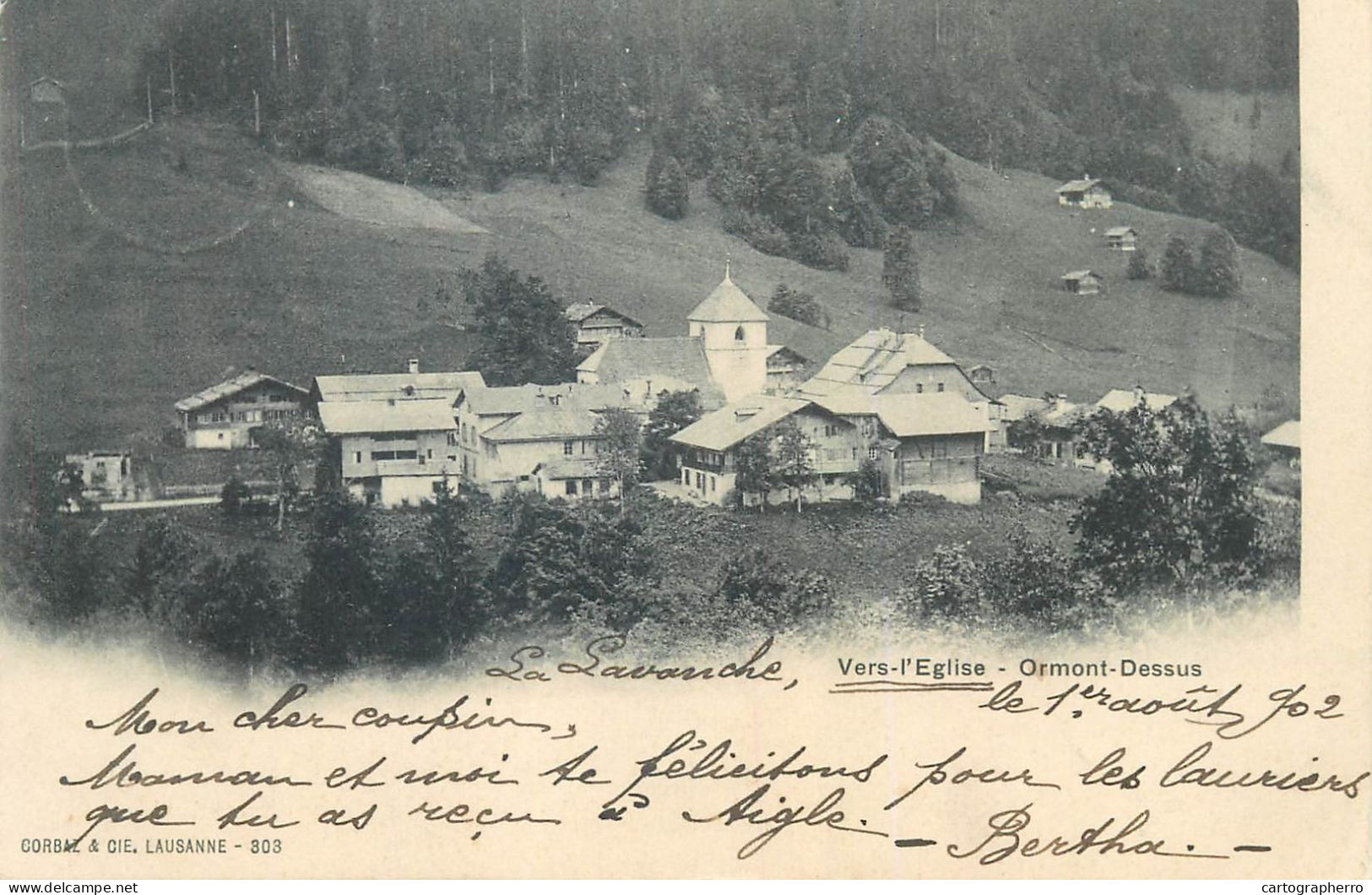 Suisse Vers L`Eglise Ormont Dessus La Lavanche 1902 Correspondence Albert Piguet Le Sentier - Ormont-Dessus 