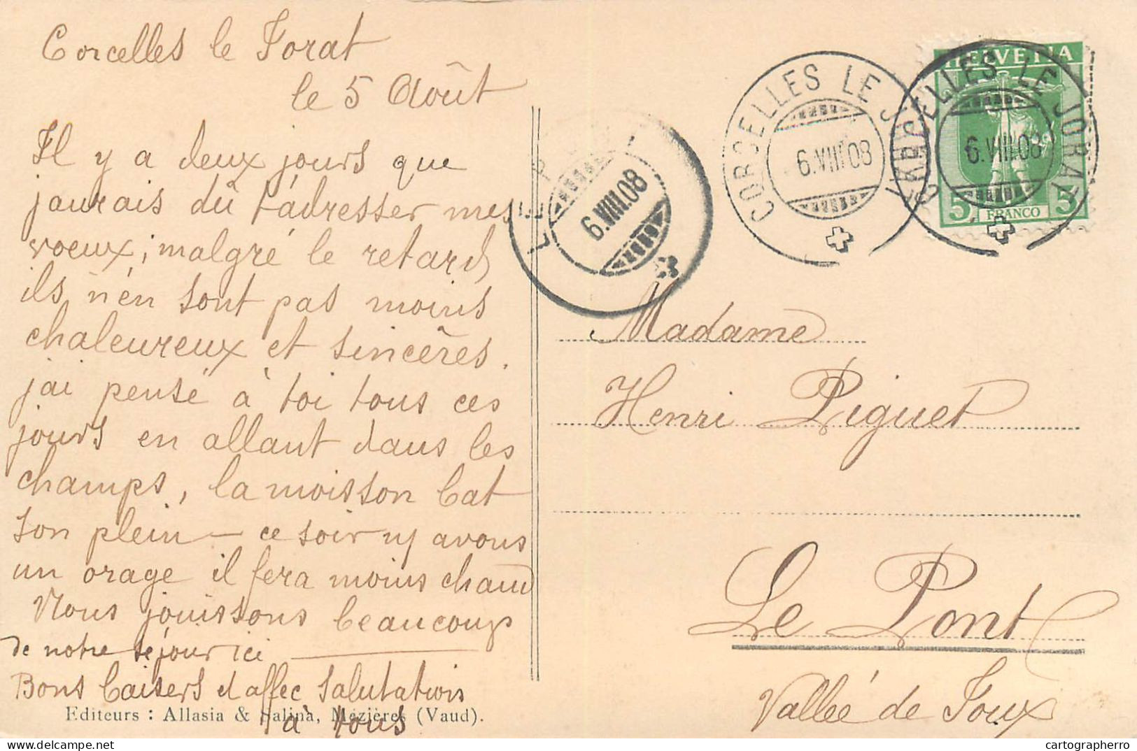 Suisse Mezieres Eglise 1908 Correspondence Madame Henri Piguet Corcelles Le Jourat - Le Pont - Jorat-Mézières