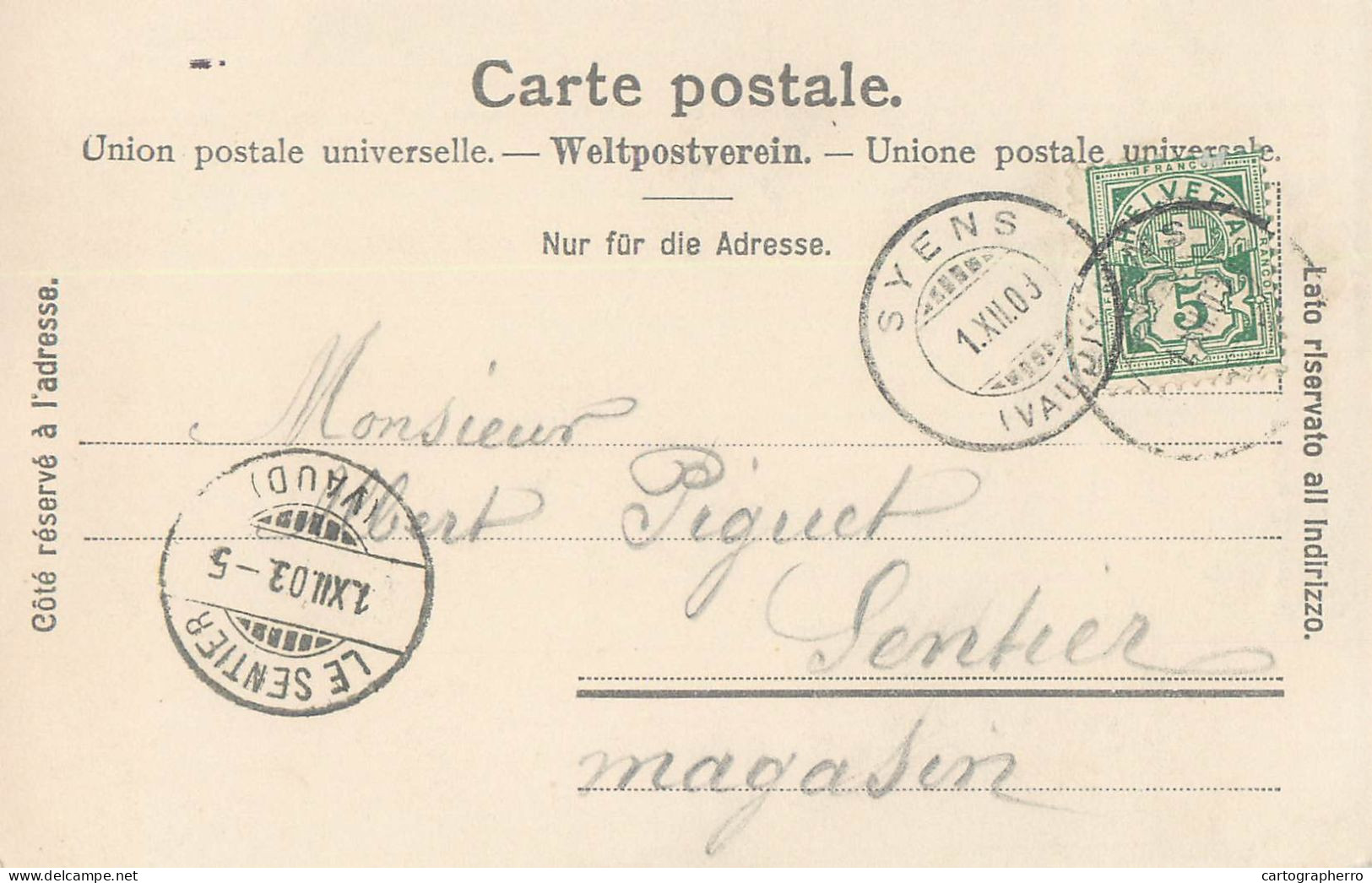 Suisse Archeologie Vaudoise Moudon Tour De Carrouge Correspondence 1903 Albert Piguet Syens - Le Sentier - Carrouge 