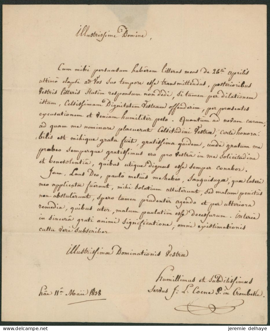 Précurseur - LAC + Cachet Dateur "Poperinghe" (1838) En PP > Evêque De Bruges Au Palais Episcopal / Texte En Latin - 1830-1849 (Belgique Indépendante)