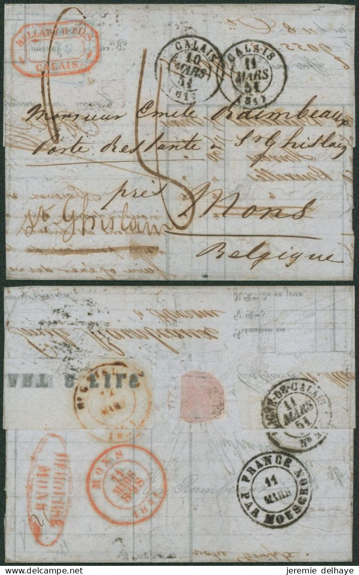 LAC Non Affranchie (abimé, Calais 1851) > Poste Restante à St-Ghislain + DEBOURSE / MONS & Passage "France / Mouscron" - Landelijks Post