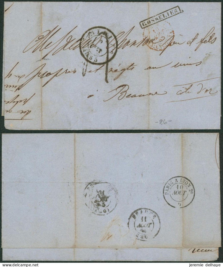 LAC Non Affranchie (Courcelles, 1855) + Obl Ambulant Midi N°6 & Griffe Encadrée GOSSELIES > Ngc En Vins à Beaune - Bahnpoststempel