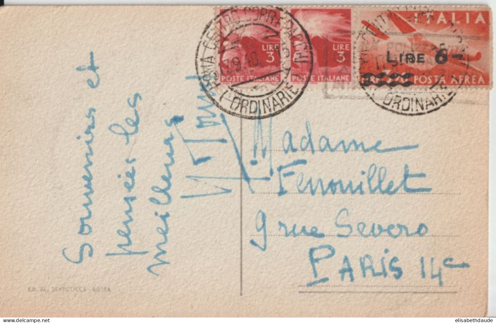 ITALIE - 1948 - POSTE AERIENNE SURCHARGE Sur CARTE ! De ROMA => PARIS - Airmail