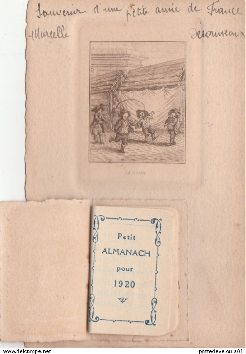 Petit Almanach De 1920 En Eau-forte Sur CPA Avec Illustration En Eau-forte Jeu La Corde à Sauter (4 Scans) - Small : 1901-20