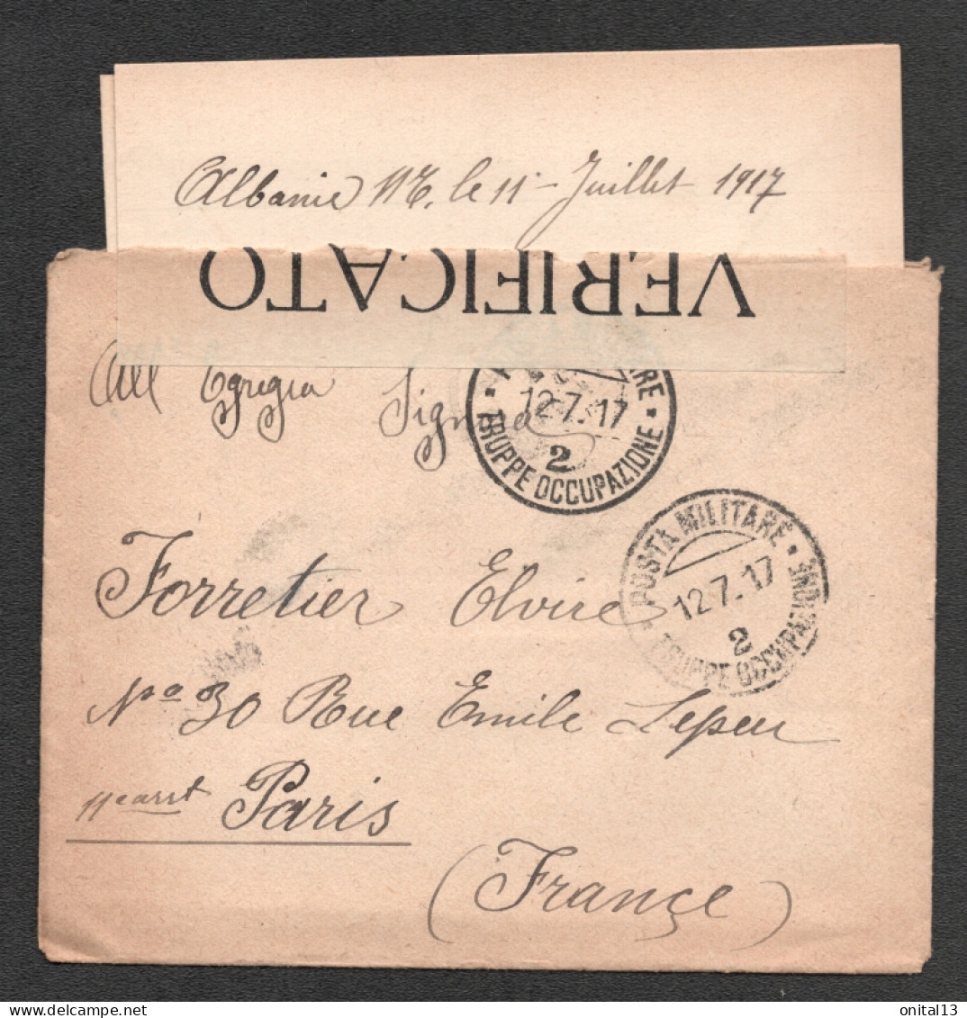 1917  ALBANIA A PARIS / CACHET POSTA MILITARE TRUPPE OCCUPAZIONE 2 D2015 - Sonstige & Ohne Zuordnung