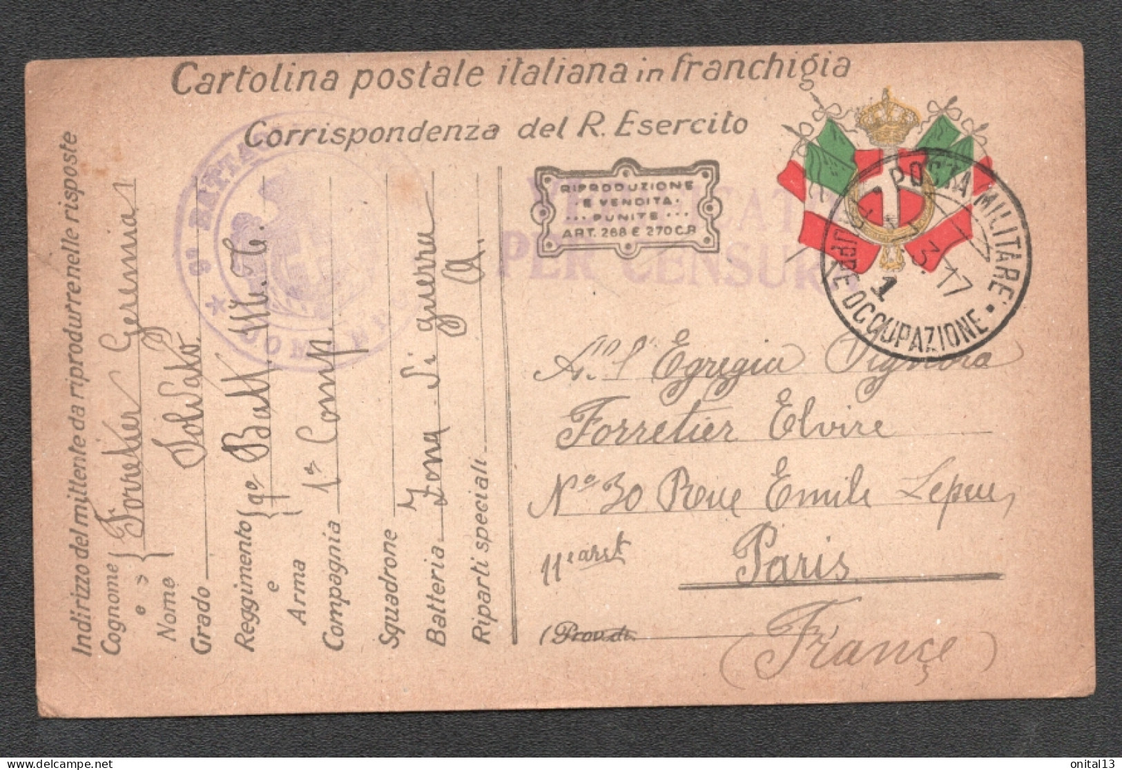 1917  ALBANIA A PARIS / CACHET POSTA MILITARE TRUPPE OCCUPAZIONE 1 D2016 - Sonstige & Ohne Zuordnung