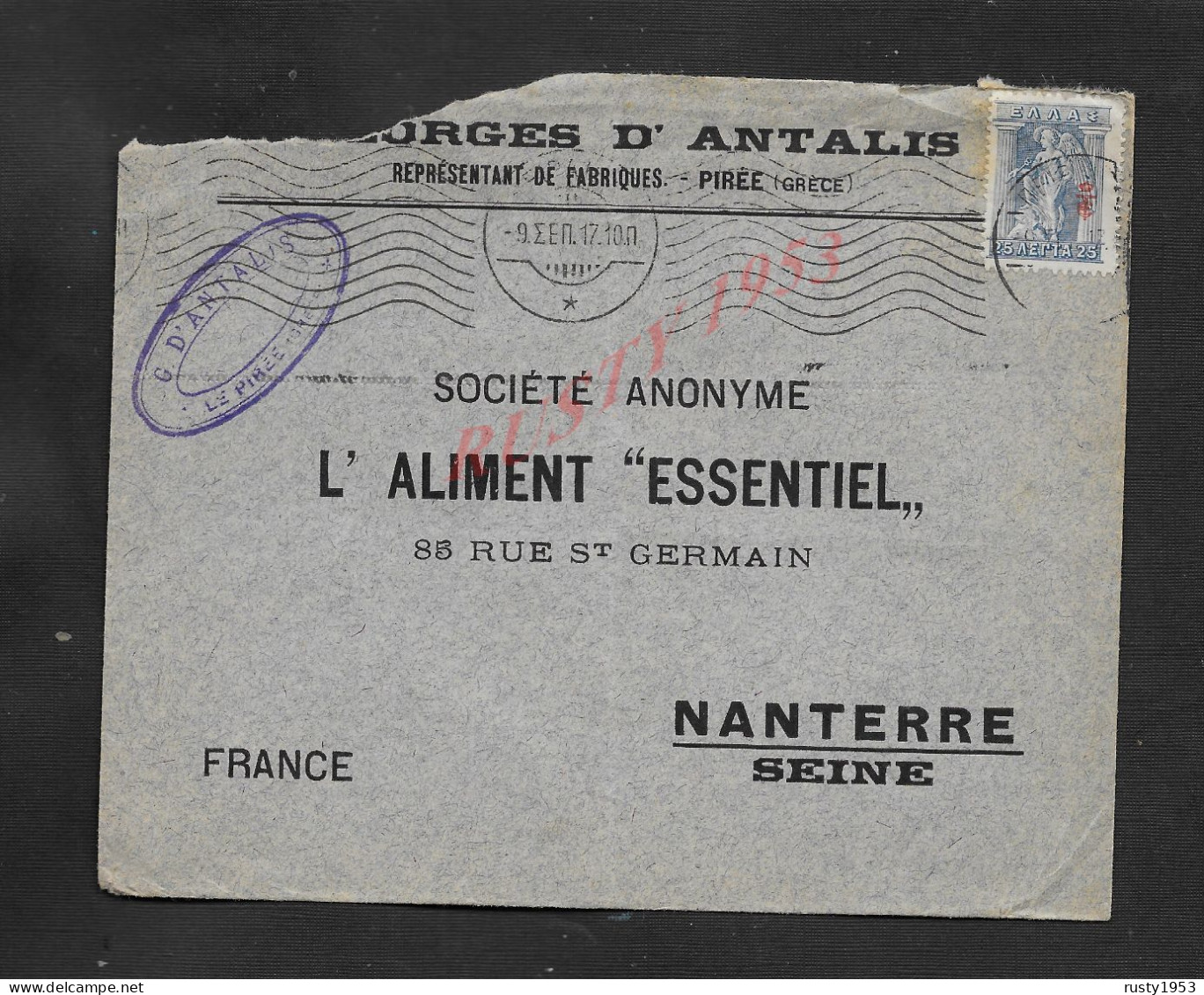 LETTRE COMMERCIALE DE GRÈCE SUR TIMBRE FORGES D ANTALIS REPRÉSENTANT DE FABRIQUES PIRÉE POUR NANTERRE SEINE : - Cartas & Documentos