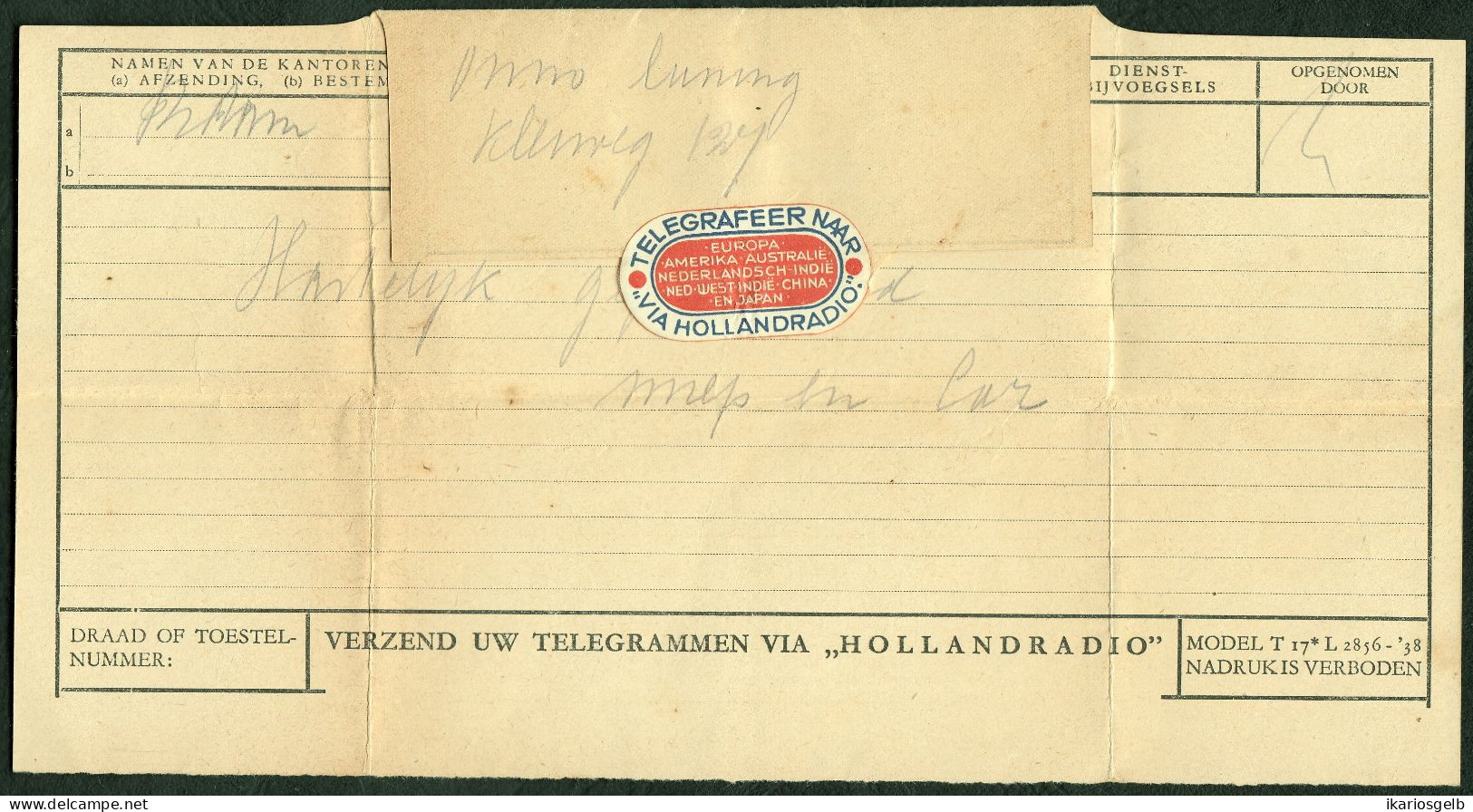 NEDERLAND 1933 Deco Telegramm Telegram + Private Telegraphenmarke "Via Hollandradio" Sluitzegel - Telegrafi