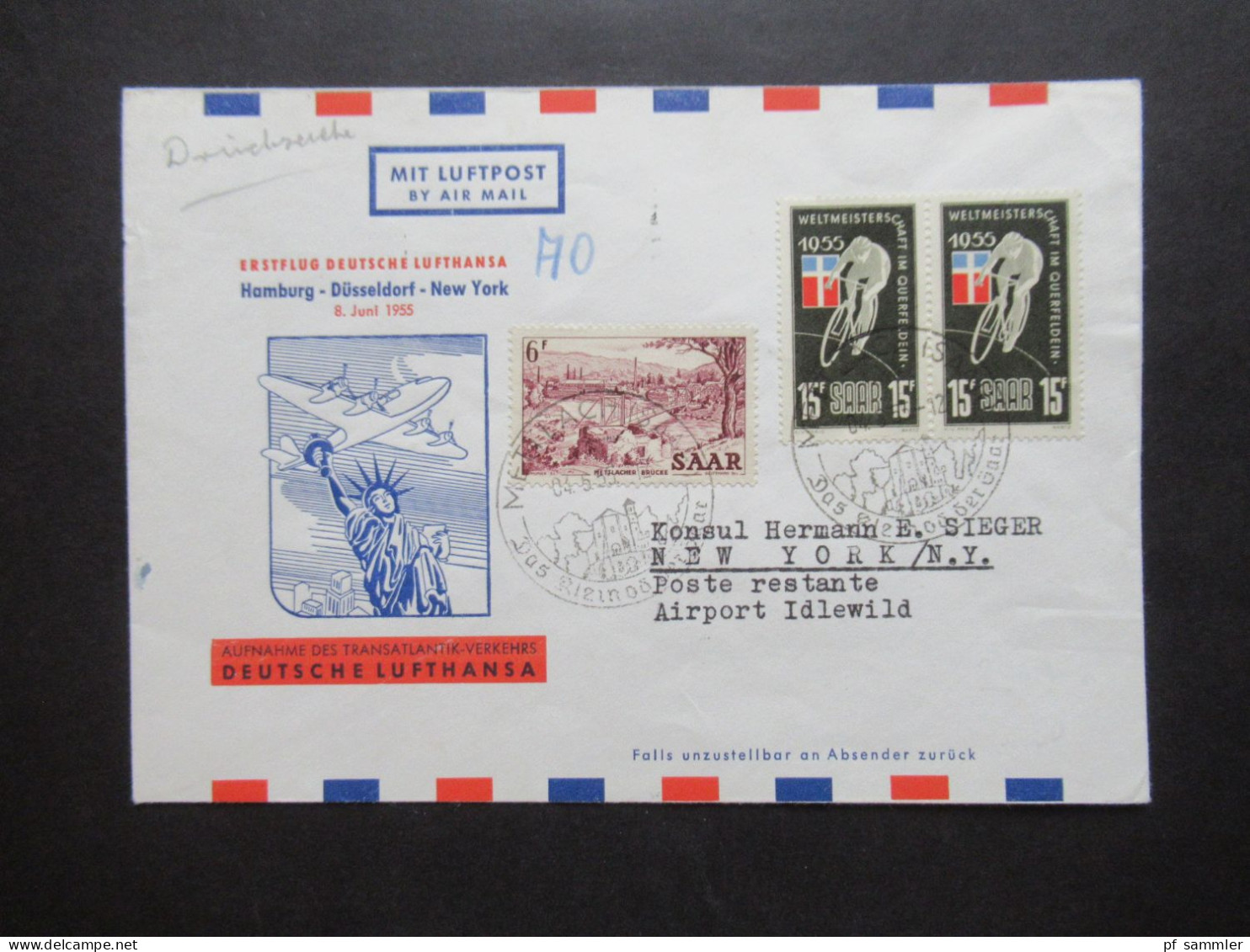 Saargebiet 1955 Luftpost Aufnahme Des Transatlantik Verkehrs Deutsche Lufthansa Mettlach Saar - New York / Cosul Sieger - Brieven En Documenten