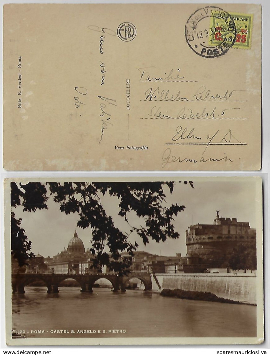 Vatican 1932 Postcard Photo Of Castel Sant'Angelo And Saint Peter's Basilica Sent To Germany Stamp 25 Centésimi - Briefe U. Dokumente