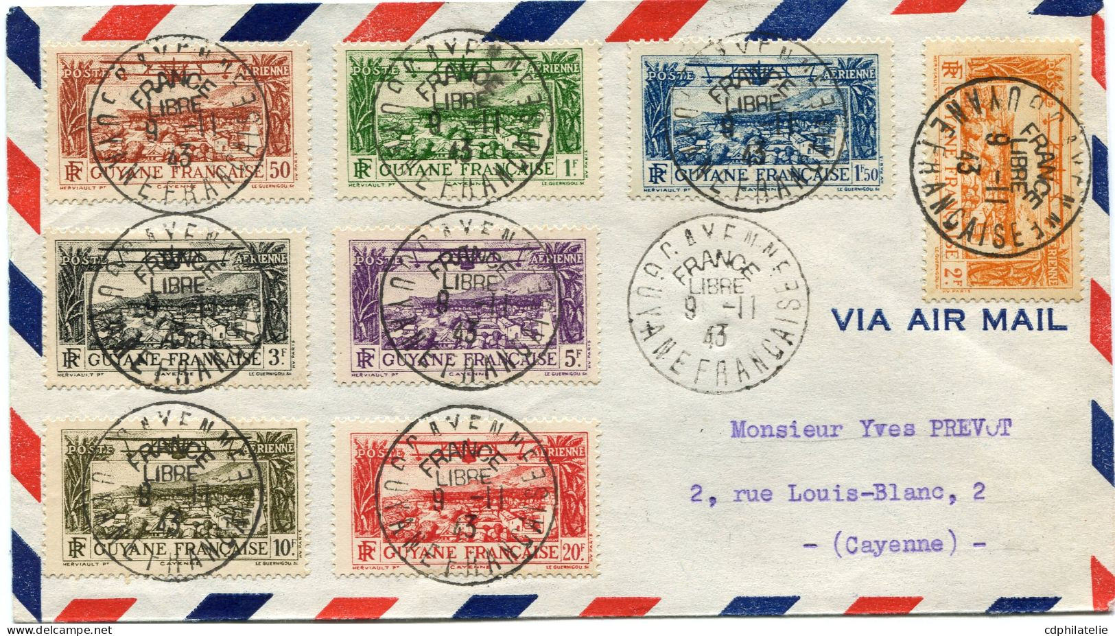 GUYANE FRANCE LIBRE LETTRE PAR AVION AFFRANCHIE AVEC LES PA 11 / 18 DEPART CAYENNE FRANCE LIBRE 9-11-43 POUR LA GUYANE - Storia Postale