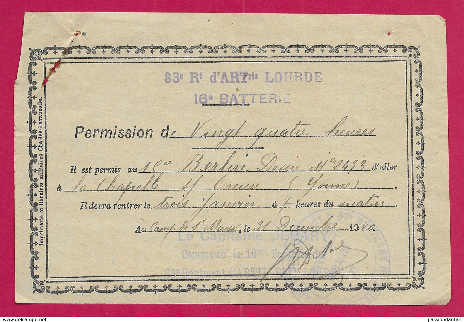 Permission De 24 Heures Daté De 1920 - Camp De Saint-Maur - 83ème Régiment D'Artillerie Lourde - 16ème Batterie - Documents