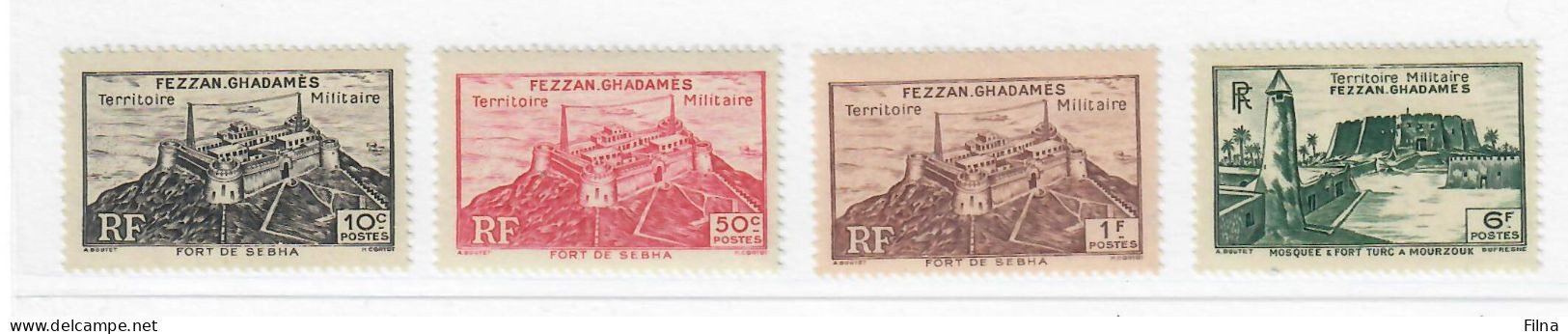 FEZZAN E GHADAMES 1946 10 C. NERO, 50 C. ROSSO, 1 F BRUNO CHIARO, 6 F. VERDE SCURO - MNH/** - Fezzan & Ghadames