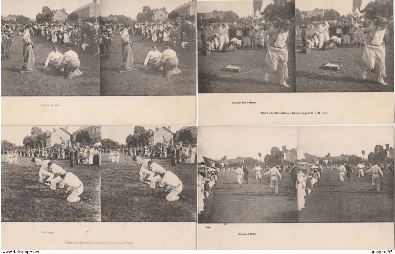 CARTES STEREOSCOPIQUES COURSES A PIED + EN SAC + DES VALISES + TIRE A LA CORDE A SITUER (FALAISE?) - Stereoscope Cards