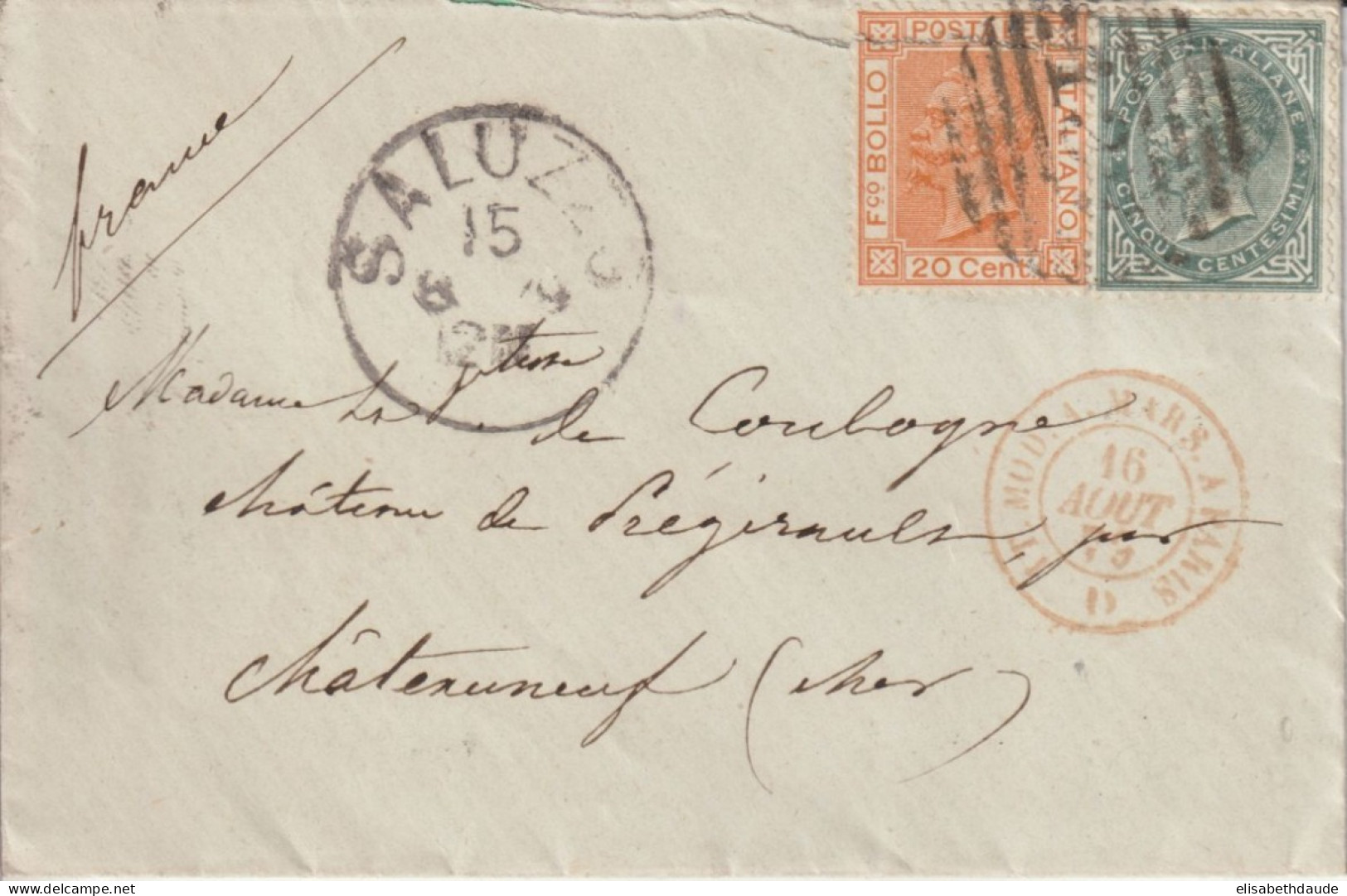 1878 - ENTREE Par AMBULANT ITALIE "IT.MOD.A.MARS.A PARIS" SUP ET RARE ! Sur ENVELOPPE De SALUZZO => CHATEAUNEUF (CHER) - Entry Postmarks