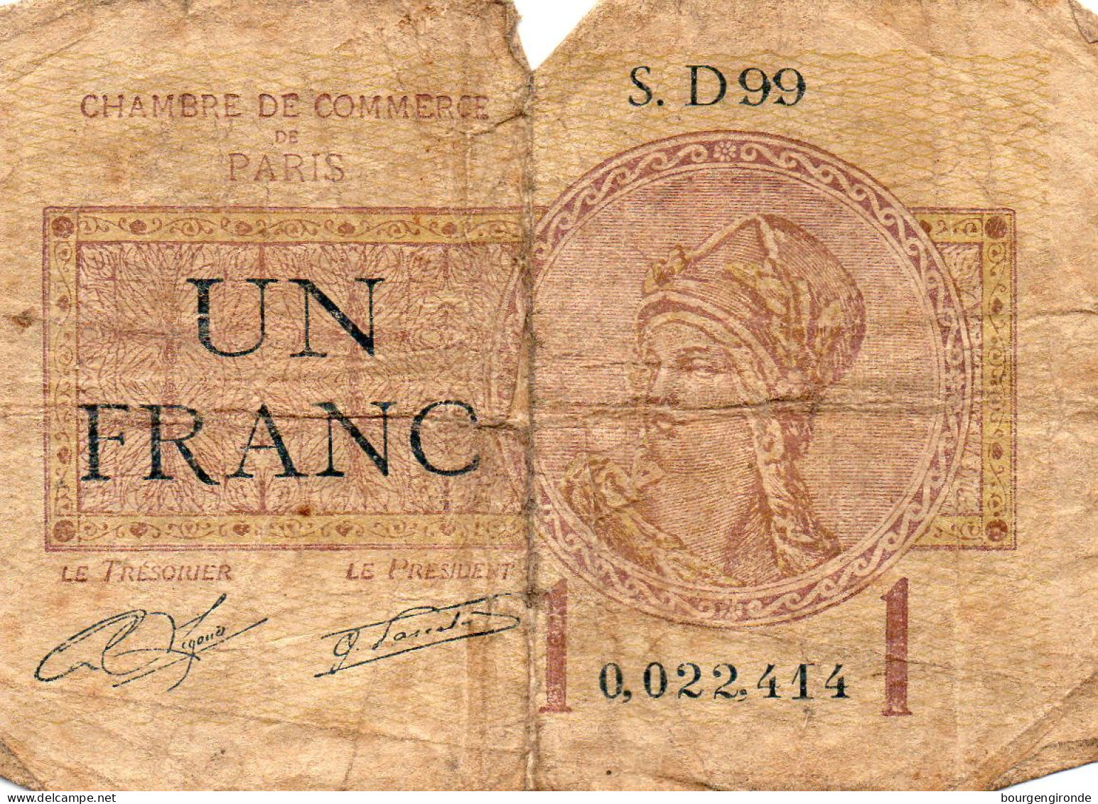 ASSIGNATS UN FRANC CHAMBRE DE COMMERCE DE PARIS ANNEE 1919 /1922 - Assignats