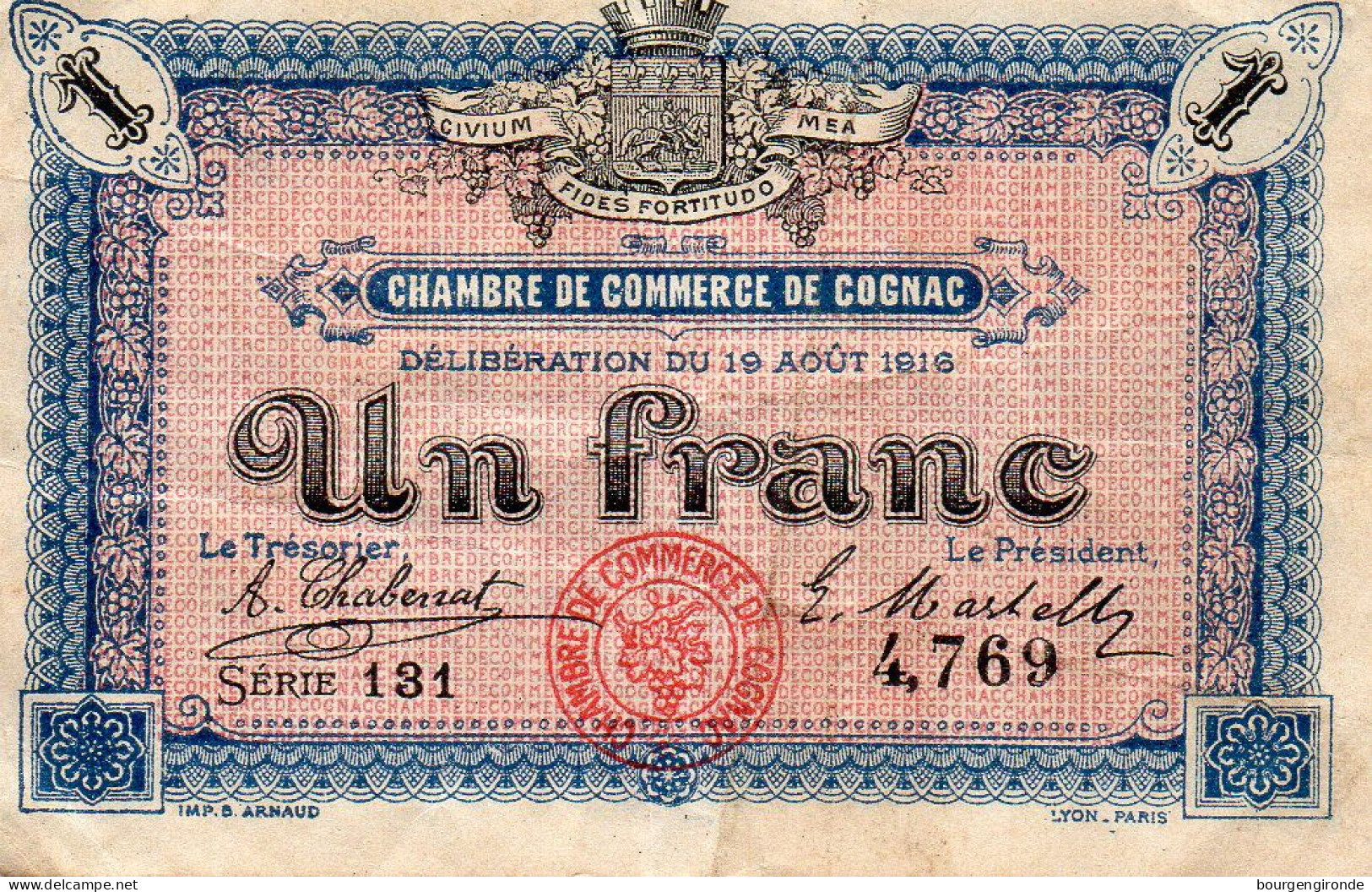 Assignat Un Franc Chambre De Commerce De Cognac Année 19 Aout 1916 - Assegnati