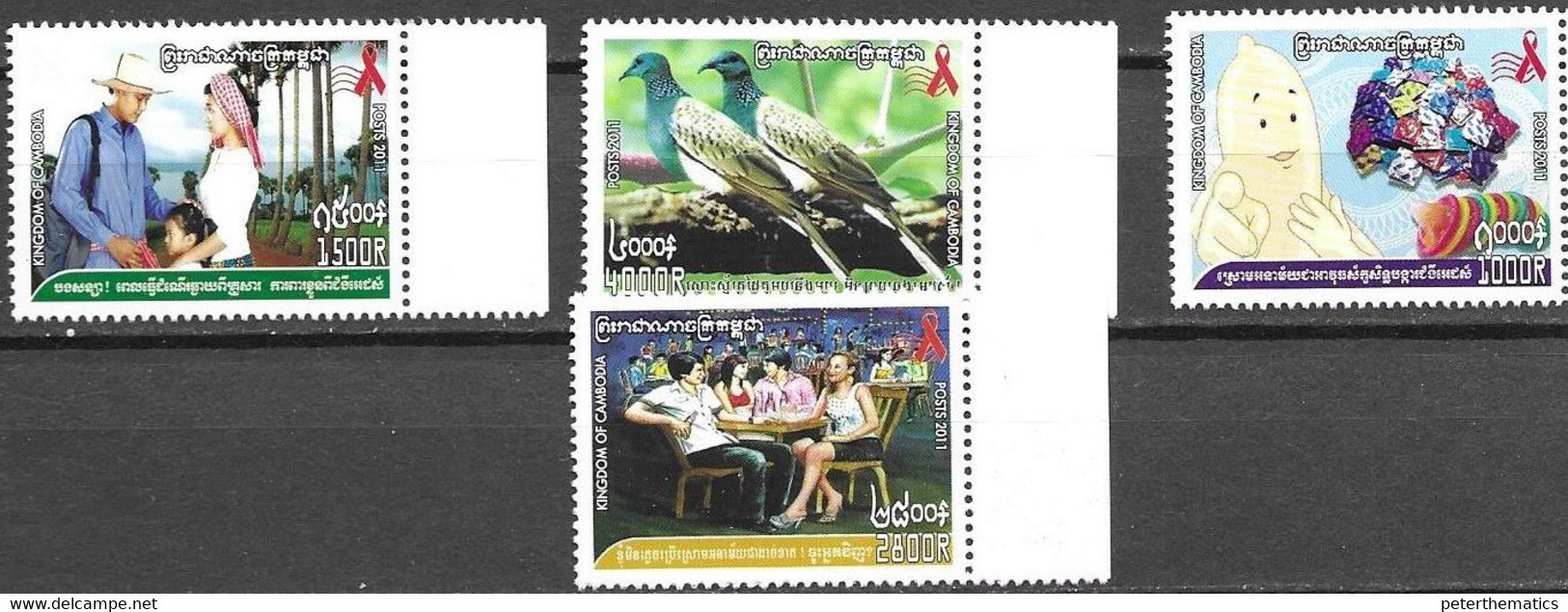 CAMBODIA, 2011, MNH, AIDS, STRUGGLE AGAINST AIDS, BIRDS, 4v - Drogen