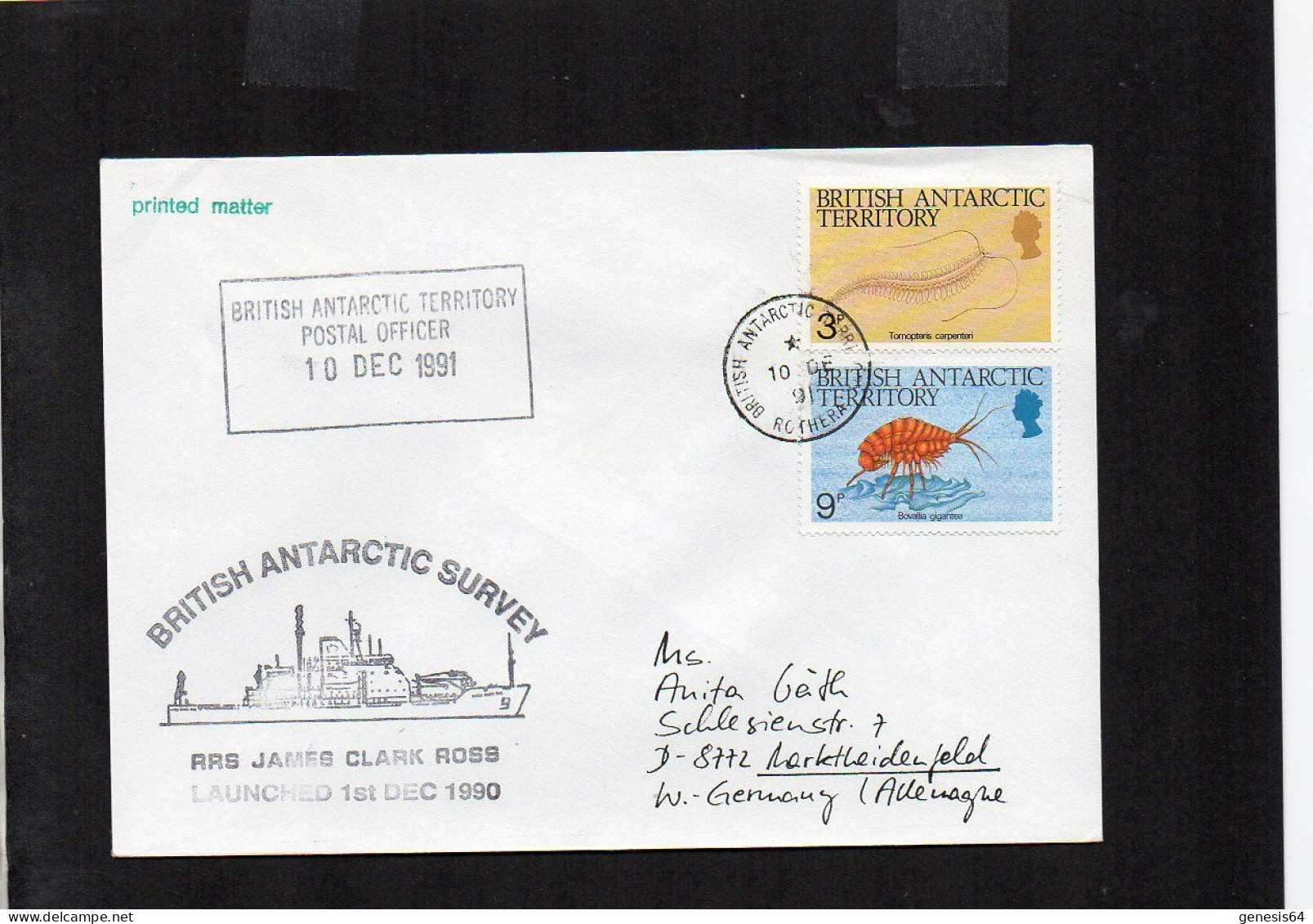 British Antarctic Territory (BAT) 1991 Cover Ship RRS James Clark Ross - Rothera 10 DE 1991 - (1ATK001) - Storia Postale