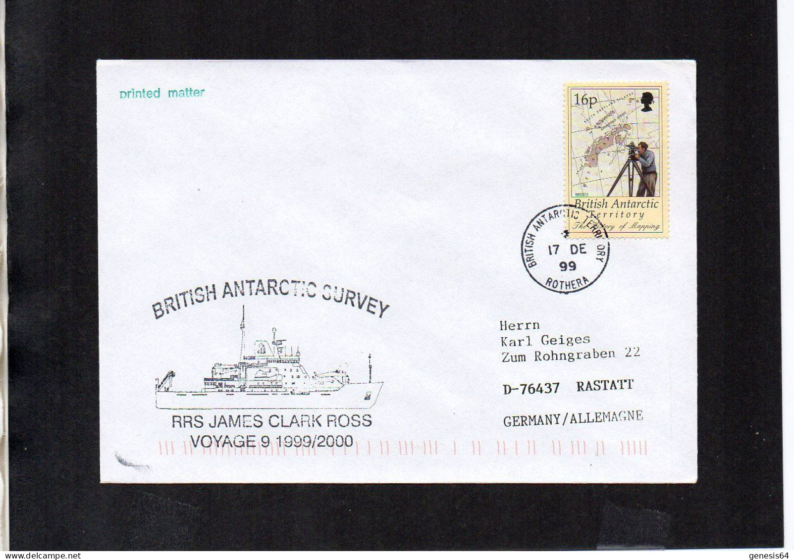 British Antarctic Territory (BAT) 1999 Cover Ship RRS James Clark Ross - Rothera 17 DE 1999 - (1ATK004) - Lettres & Documents