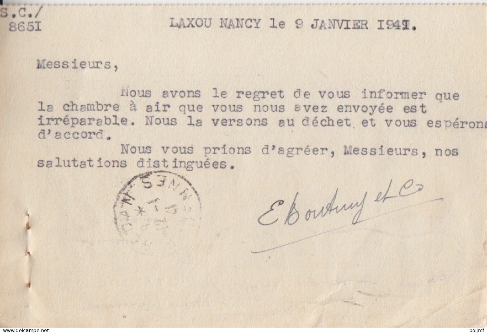 Carte-Lettre "E. Boutmy" Obl. Flier Nancy RP Le 9/1/41 (Tarif Du 1/12/39) Sur N° 366 80c Paix - 1932-39 Paix