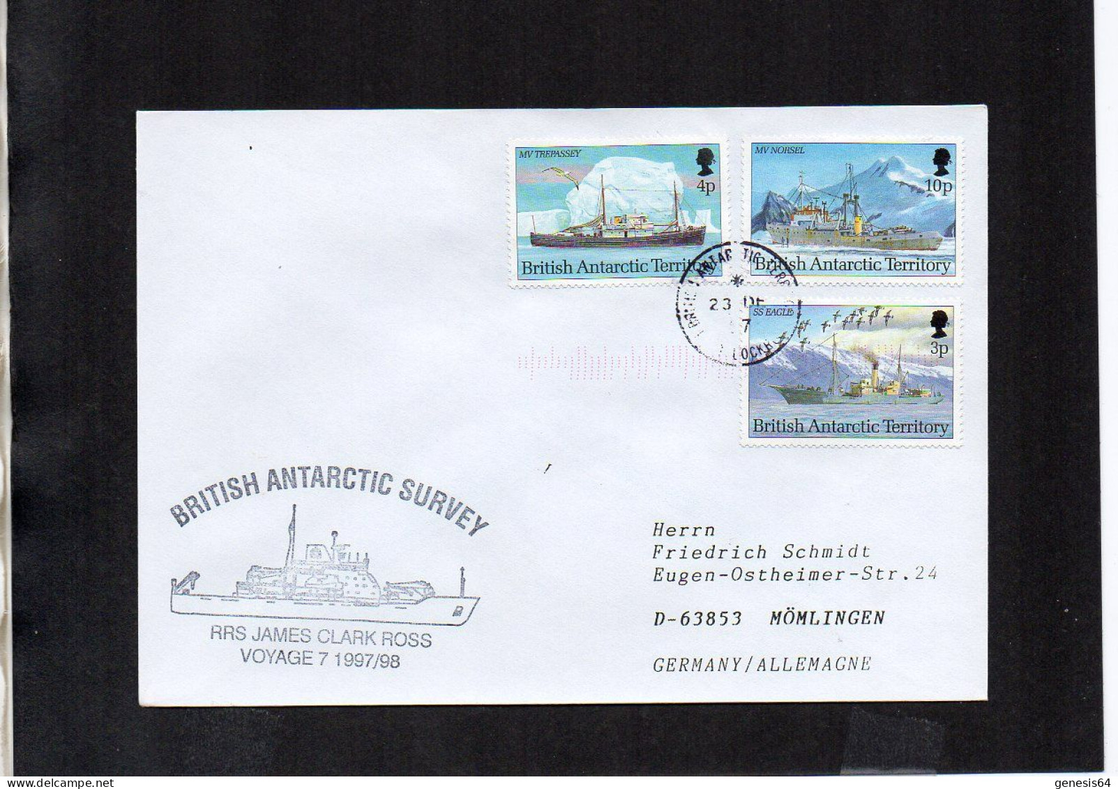 British Antarctic Territory (BAT) 1997 Cover Ship RRS James Clark Ross - Lockroy 23 DE 1997 - (1ATK006) - Lettres & Documents