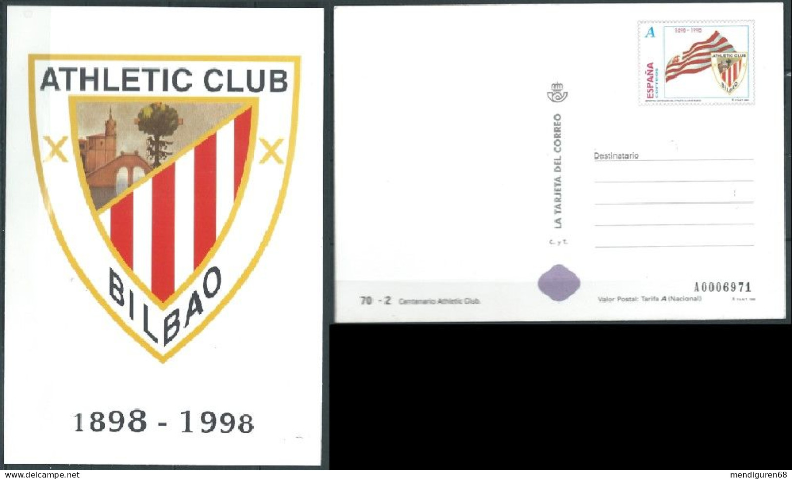 ESPAGNE SPANIEN SPAIN ESPAÑA 1998 ATHLETIC BILBAO FOOTBALL CLUB POSTCARD MNH ED 3530 YT 3104 MI 3369 SG 3466 SC 2929 - Clubs Mythiques