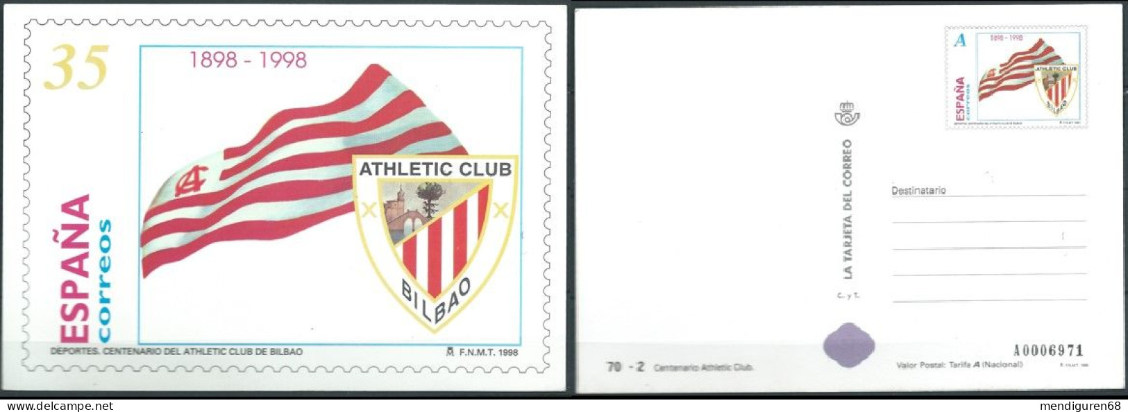 ESPAGNE SPANIEN SPAIN ESPAÑA 1998 ATHLETIC BILBAO FOOTBALL CLUB POSTCARD MNH ED 3530 YT 3104 MI 3369 SG 3466 SC 2929 - Clubs Mythiques