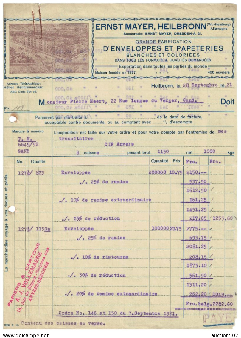 Rechnung 1921 Ernst Mayer Umschläge Und Schreibwaren Heilbronn > Gand Belgien - Imprenta & Papelería