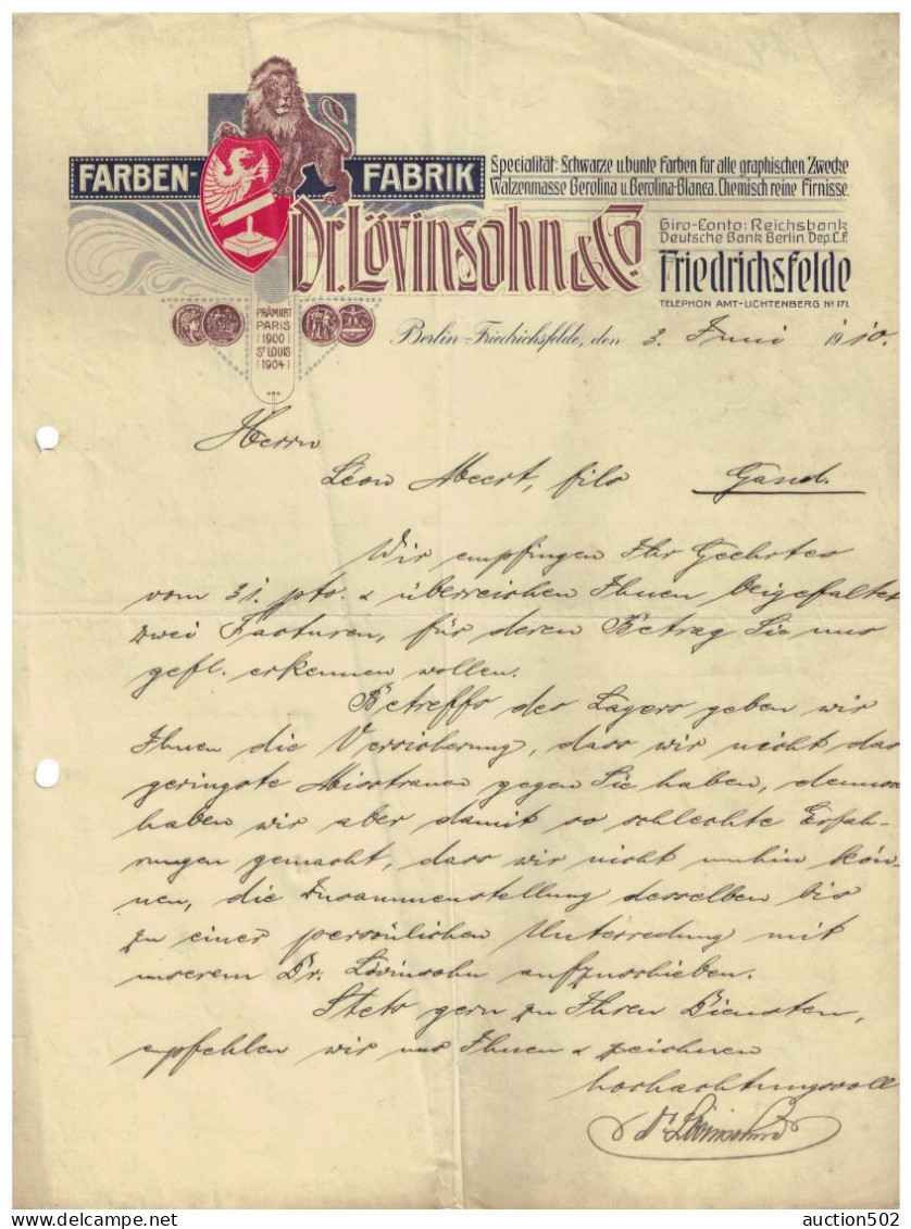 Handelsbrief 1910 DR.Lövinsohn & Co Farben Fabrik Berlin - Friedrichsfelde > Gand Belgien - Petits Métiers