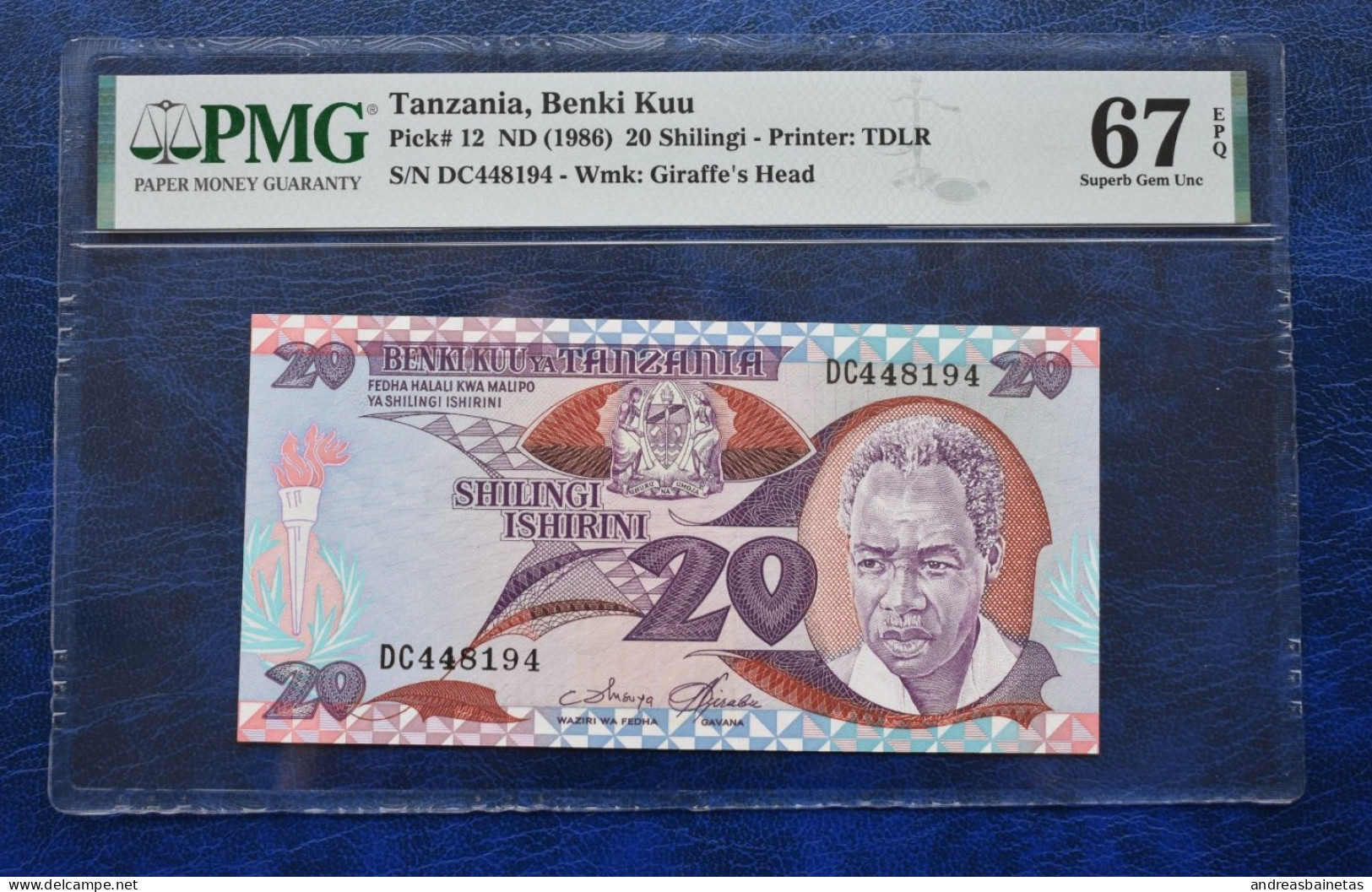 Banknotes Tanzania 20 Shilingi With Islands 1993  PMG "Superb Gem Unc 67 EPQ"	P# 12 - Tanzania