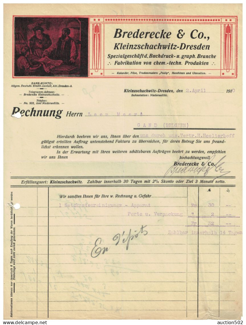 Rechnung 1910 Brederecke & Co Kleinzschachwitz - Dresden > Gand Belgien - Drukkerij & Papieren