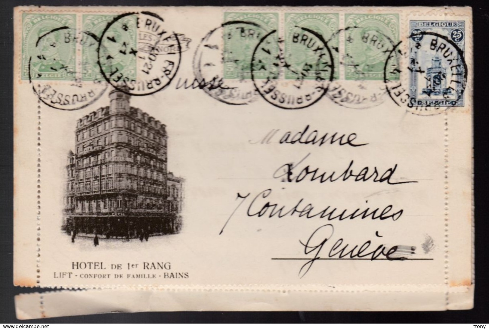 Belle Enveloppe Entête Cecil Hôtel Bruxelles 1921 Timbres 5c Vert Albert 1er Et Fontaine Liège Destination Genève Suisse - Cafés, Hôtels, Restaurants