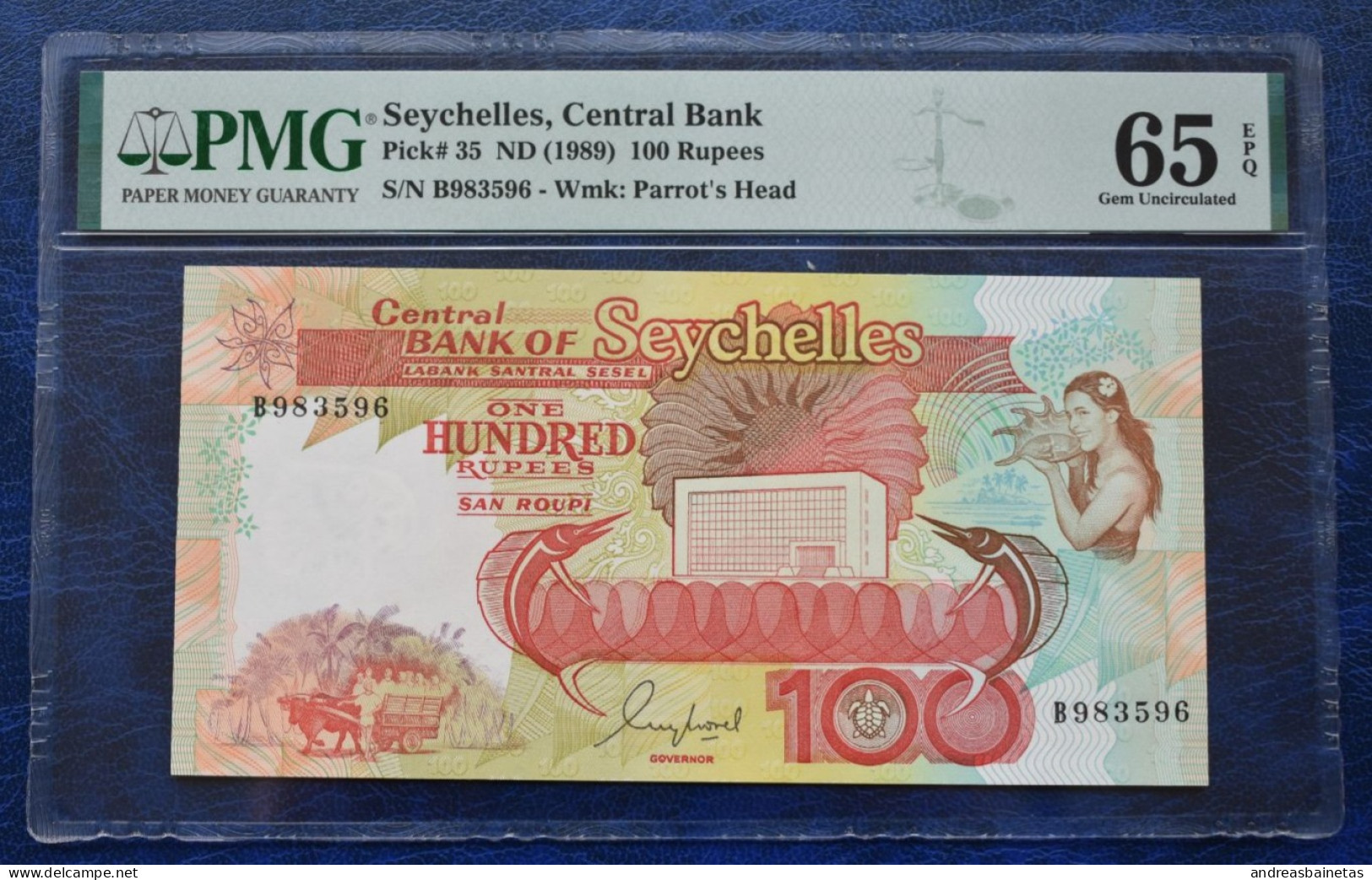 Banknotes  Seychelles 100 Rupees 1989  PMG "Gem Uncirculated 65 EPQ". (Pick 35) & (Spink CBS B8a) - Seychelles