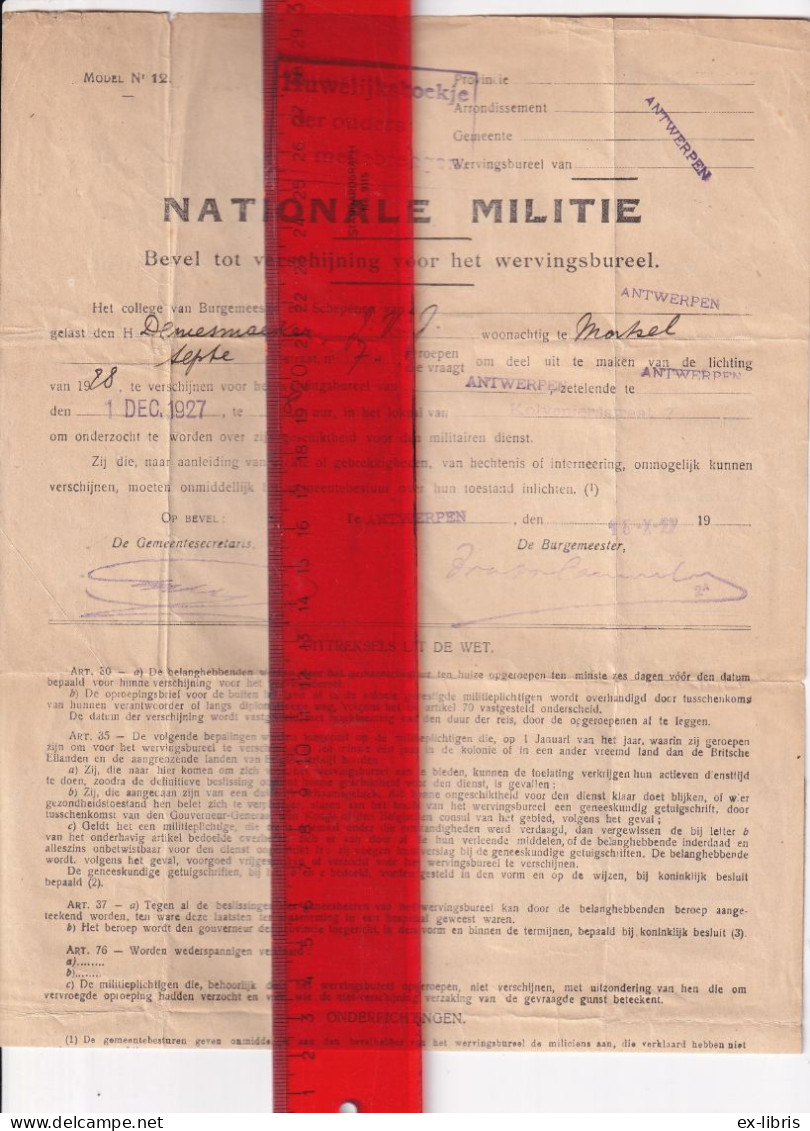 MORTSEL - ANTWERPEN - Nationale Militie Demesmaeker J.V.J.  Bevel Tot Verschijnen Wervingsbureel 01/12/1927 - Documents