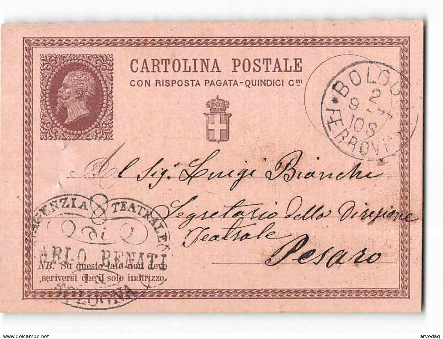 16502  CARTOLINA POSTALE RISPOSTA PAGATA 15 CENT AGENZIA TEATRALE BENATI  BOLOGNA X PESARO - Stamped Stationery