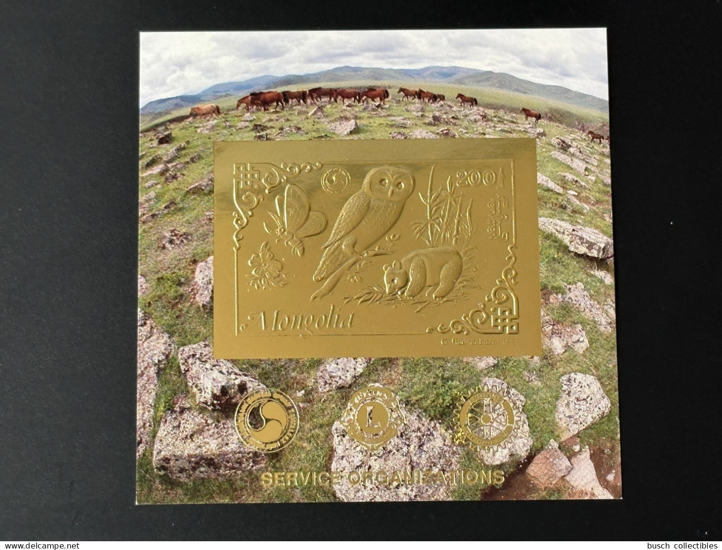 Mongolie Mongolia 1993 Mi. Bl. 226 Or Gold Rotary Lions Butterfly Owl Eule Panda Papillon Schmetterling Chouette - Mongolia