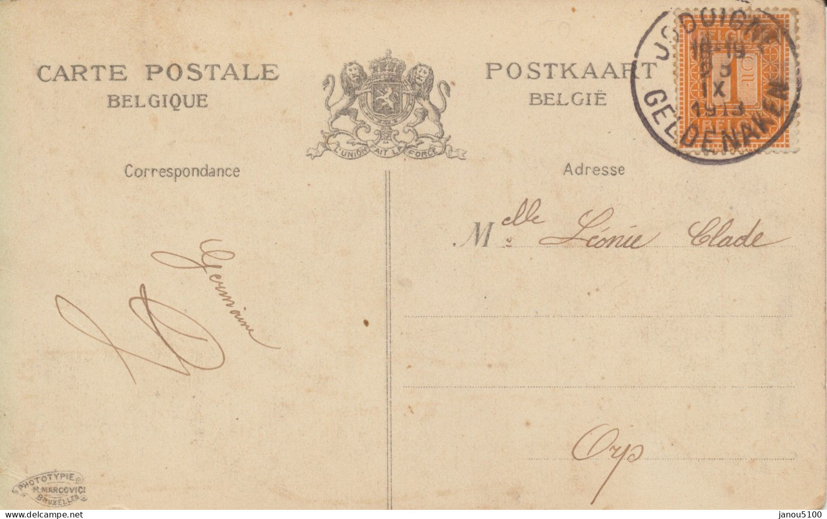 CARTES POSTALES     BELGIQUE     JODOIGNE   " UNE PENSEE DE..."           1913 - Jodoigne