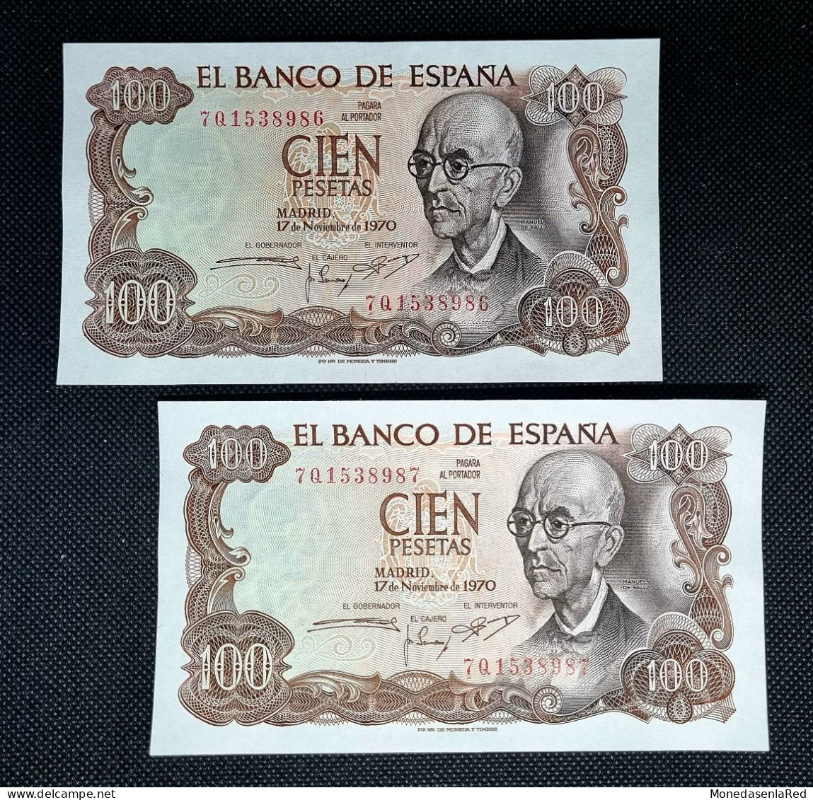 ESPAÑA PAREJA CORRELATIVA 100 PESETAS 1970 MANUEL DE FALLA SC/UNC - 100 Peseten