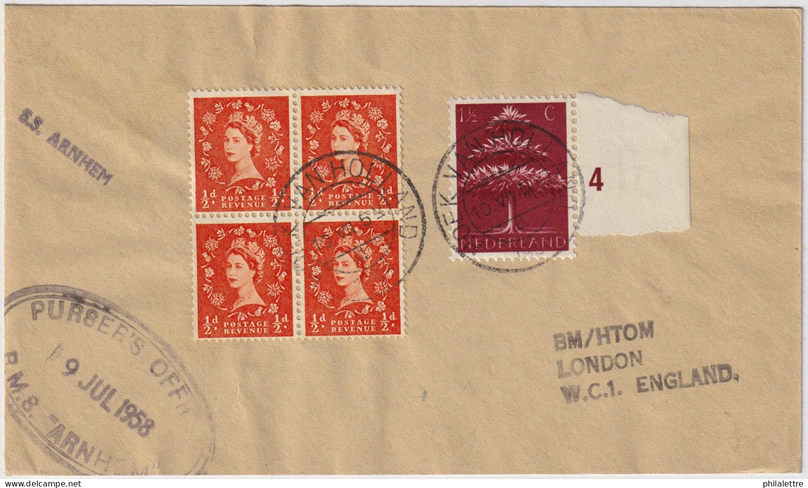 GB / THE NETHERLANDS - 1958 PAQUEBOT Cover From RMS "ARNHEIM" Cancelled "HOEK VAN HOLLAND" With Mixed Franking - Covers & Documents