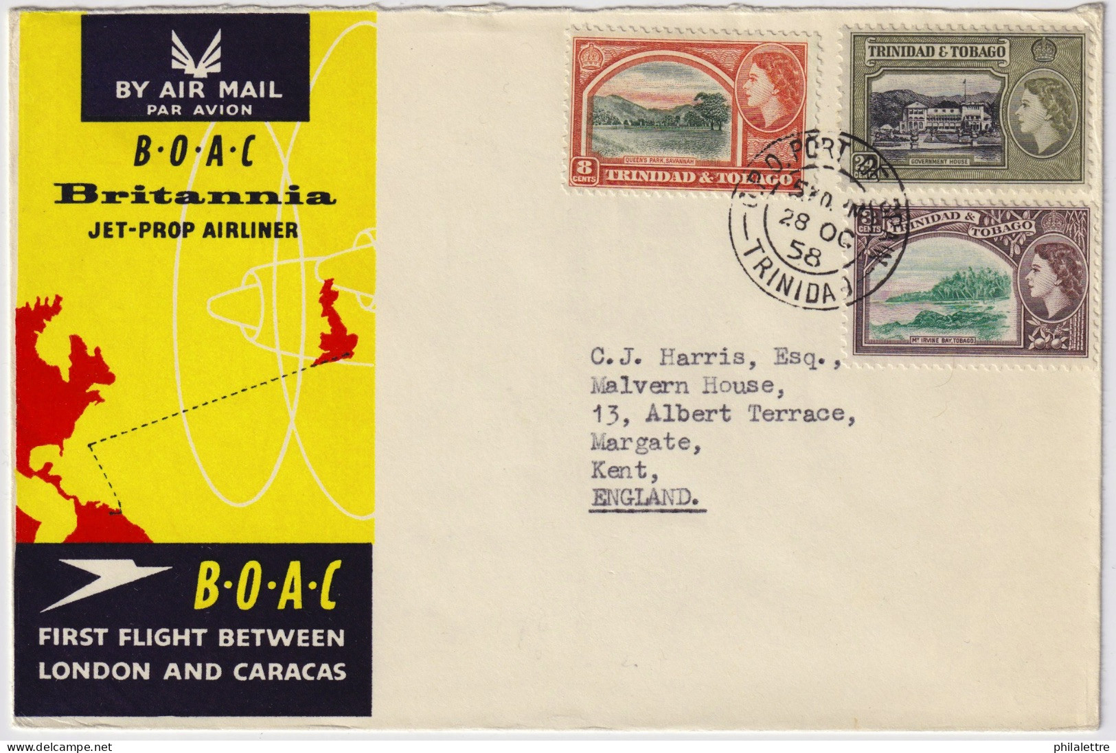 TRINIDAD & TOBAGO - 1958 B.O.A.C. First Flight Cover (CARCAS-LONDON) From Port-of-Spain To Margate, Kent, England - Trinidad En Tobago (...-1961)