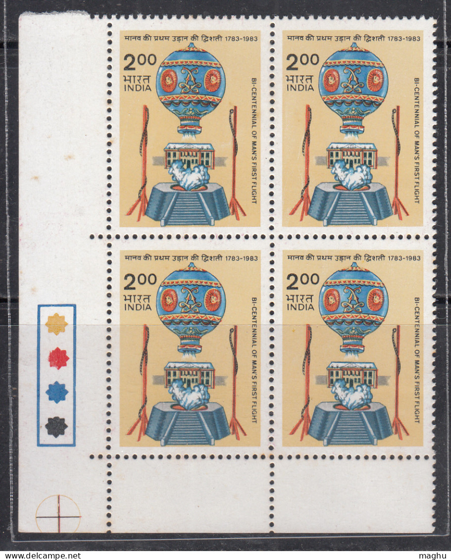 T/L India MNH 1983, Block  Rs 2.00 Bicentenary Of Manned Flight, Montgolfier, Sun Symbol On Air Ballon Transport, Fire - Blocks & Sheetlets