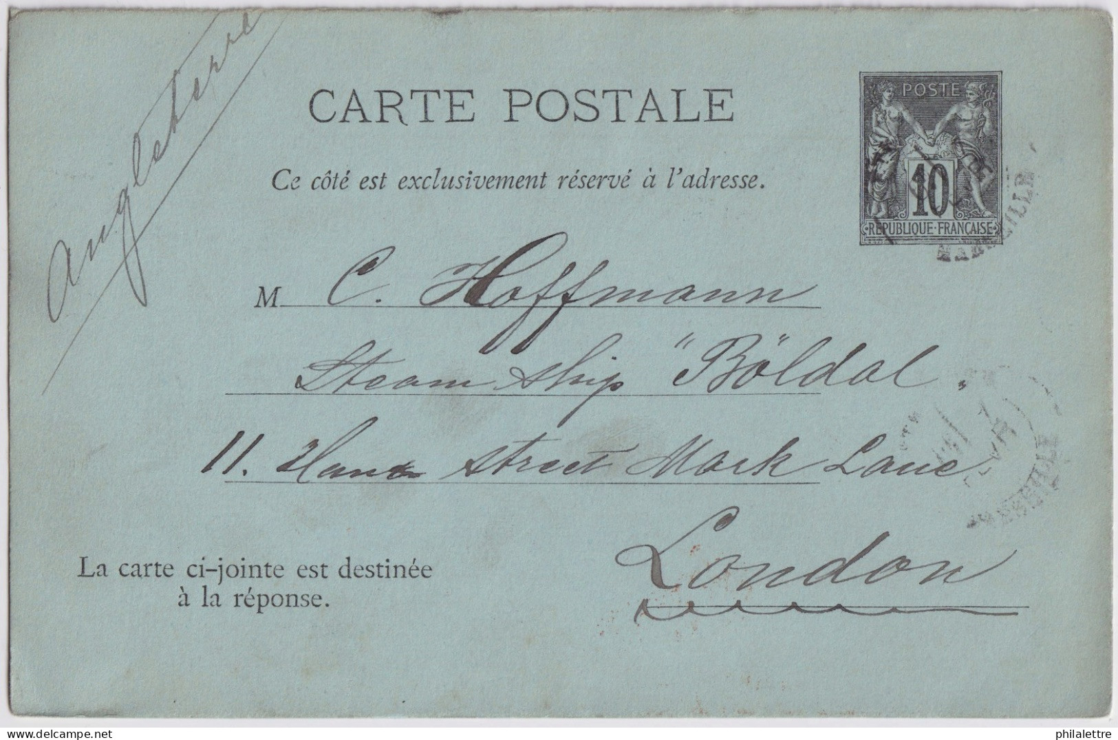 FRANCE - 1889 - CPRP 10c Sage  Carte Aller Seule Adressée De MARSEILLE à LONDRES (sans La Carte Réponse) - Cartoline Postali E Su Commissione Privata TSC (ante 1995)